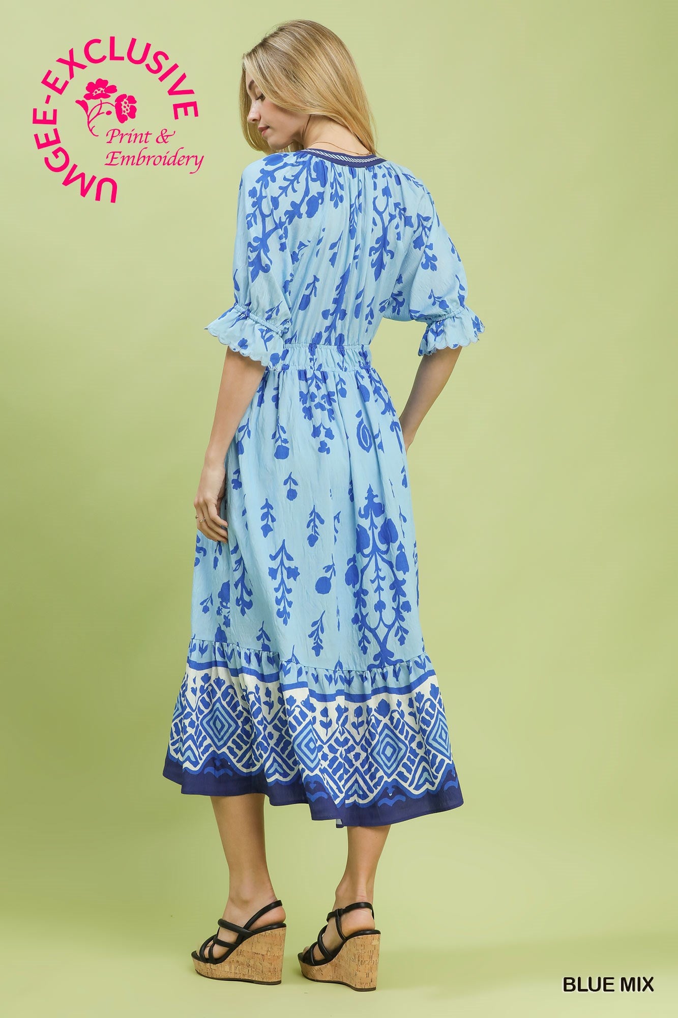 Umgee Floral Smocked Waist Midi Dress - Blue