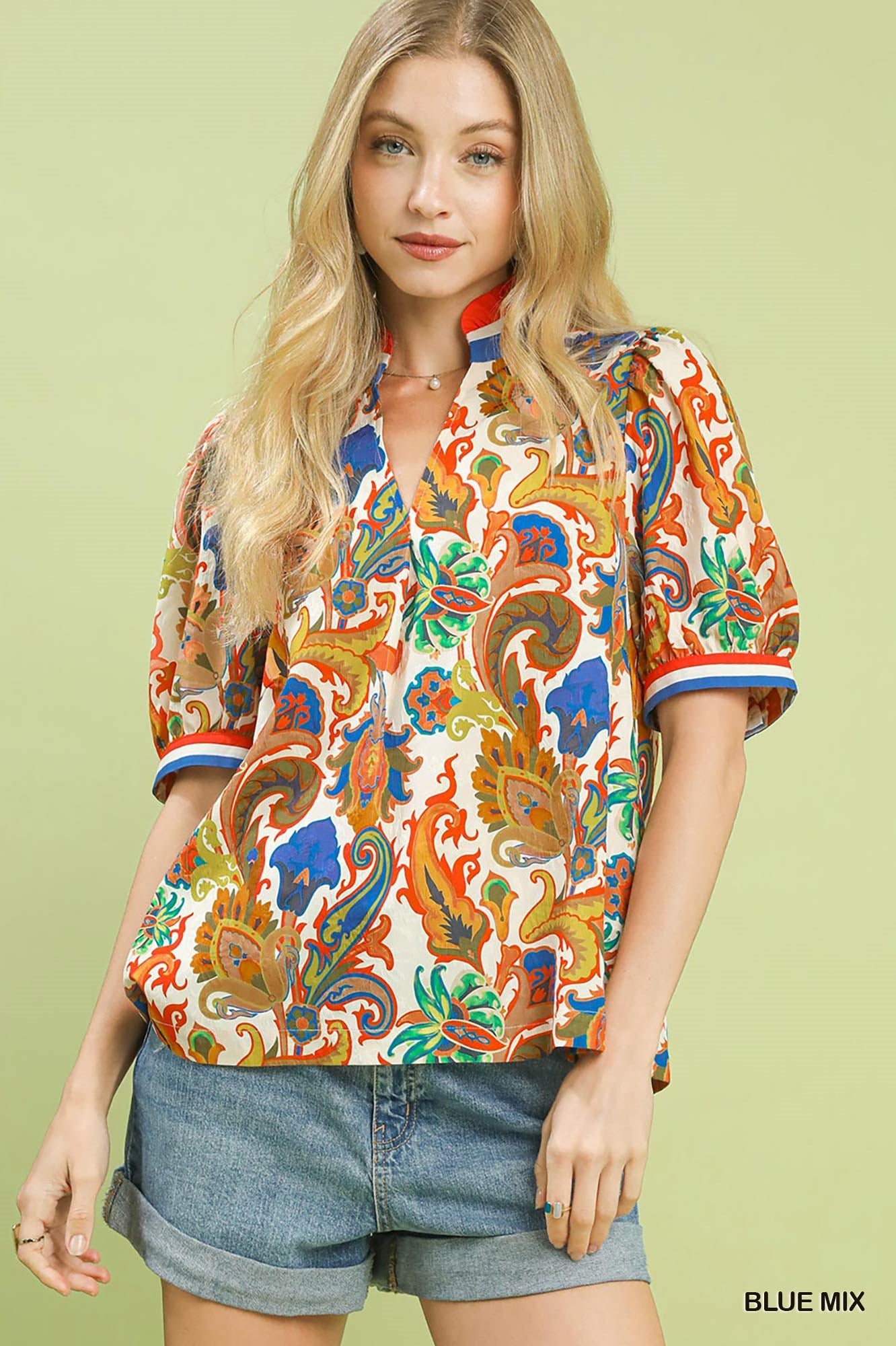 Umgee Blue Jacquard Abstract Print Top