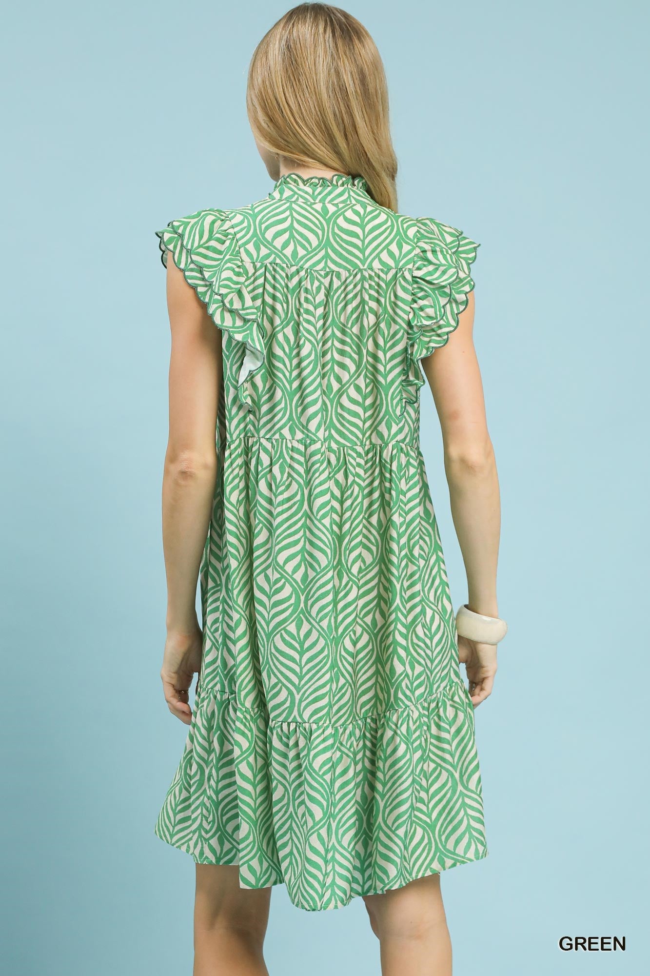 Umgee Green Leaf Print Tiered Mini Dress