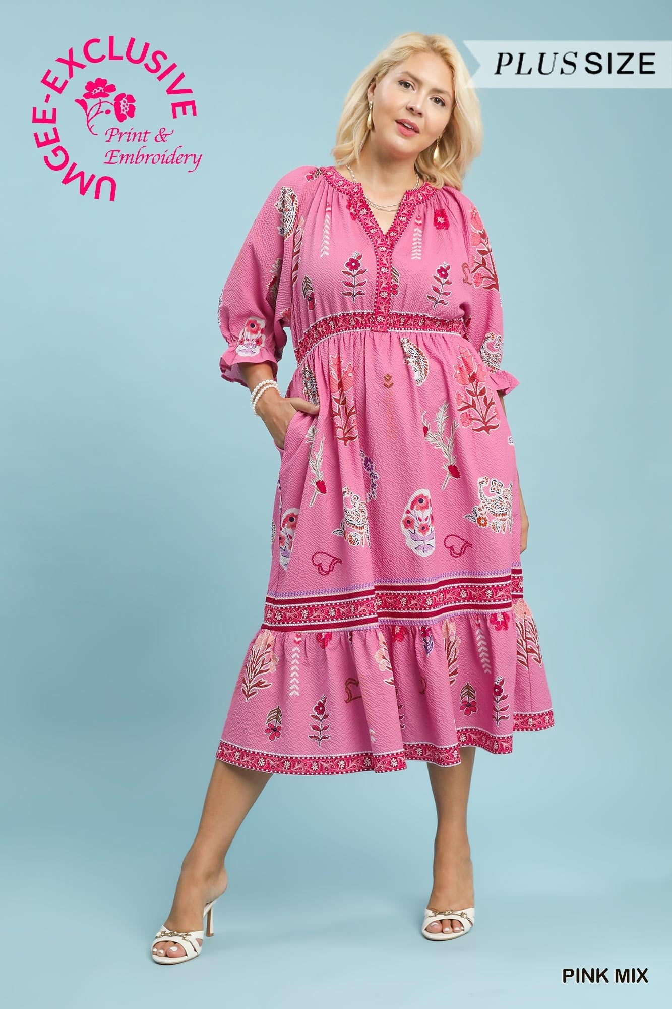 PLUS Umgee Pink Floral Print V-Neck Midi Dress PLUS Umgee Pink Floral Print V-Neck Midi Dress