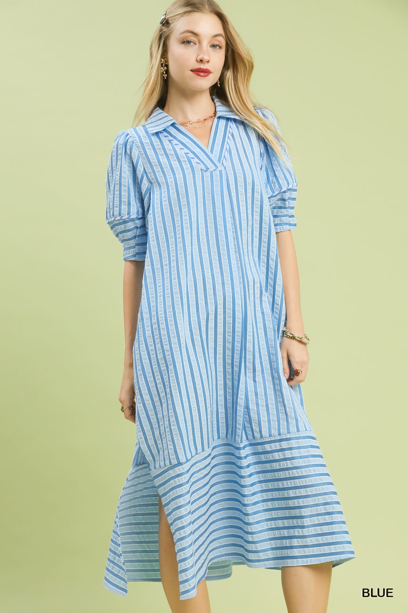 blue cheese dressing for diabetics Umgee Blue Striped Puff Sleeve Midi Dress with V-Notch Neckline