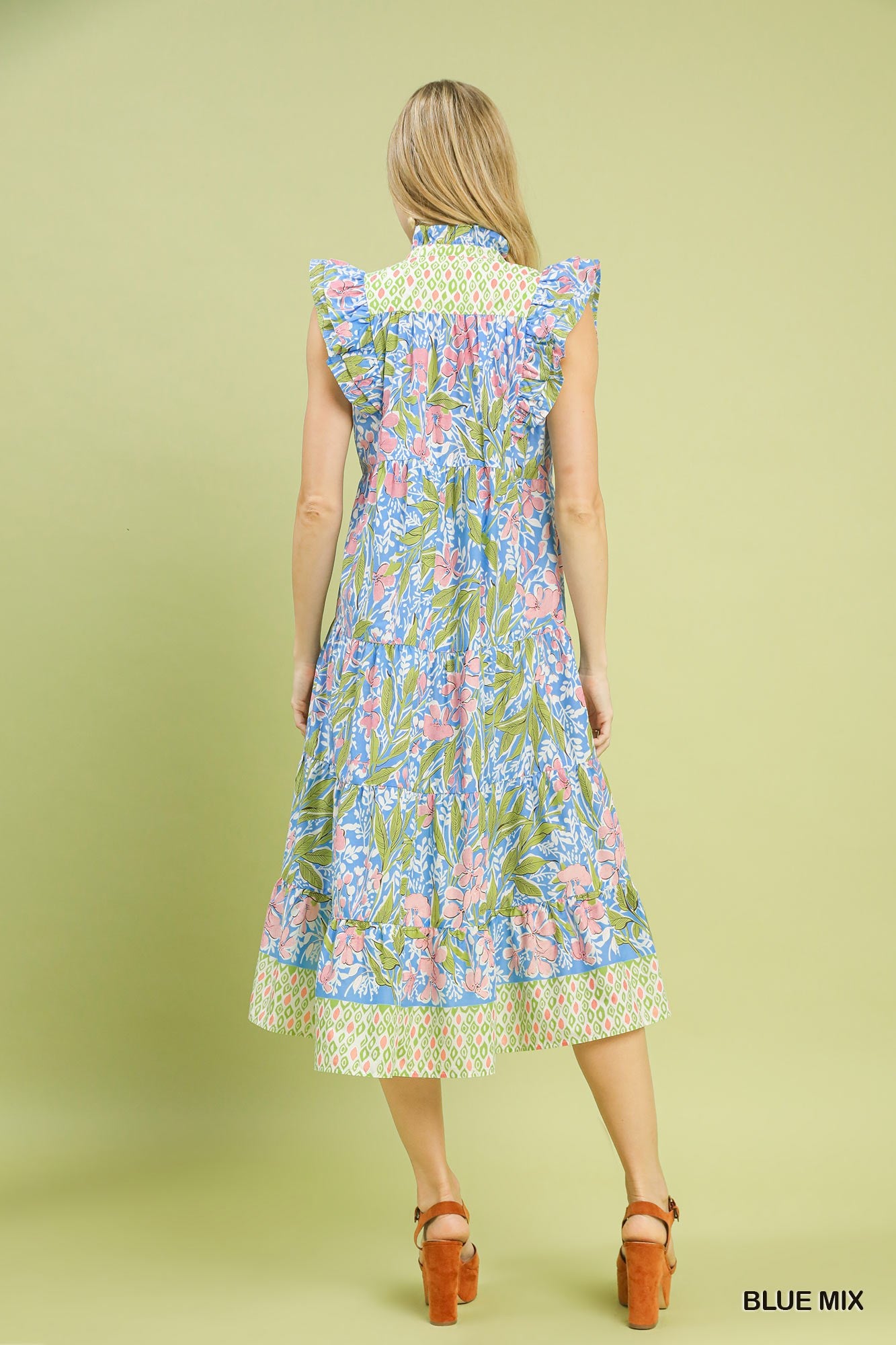 Umgee Blue Mix Floral Tiered Midi Dress with Ruffle Sleeves
