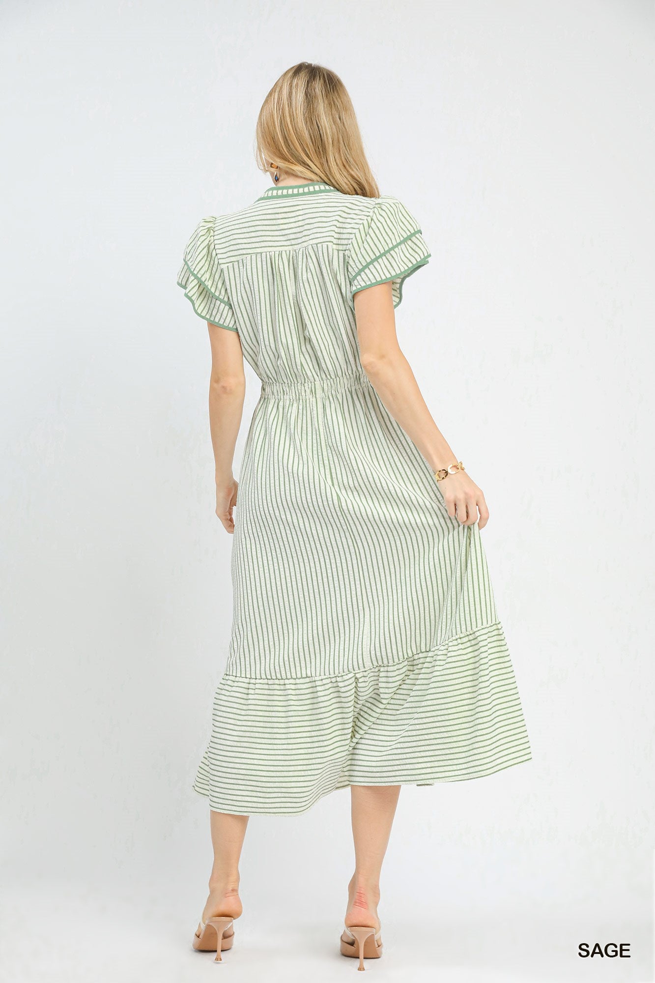 Umgee Sage Striped Flutter Sleeve Midi Dress