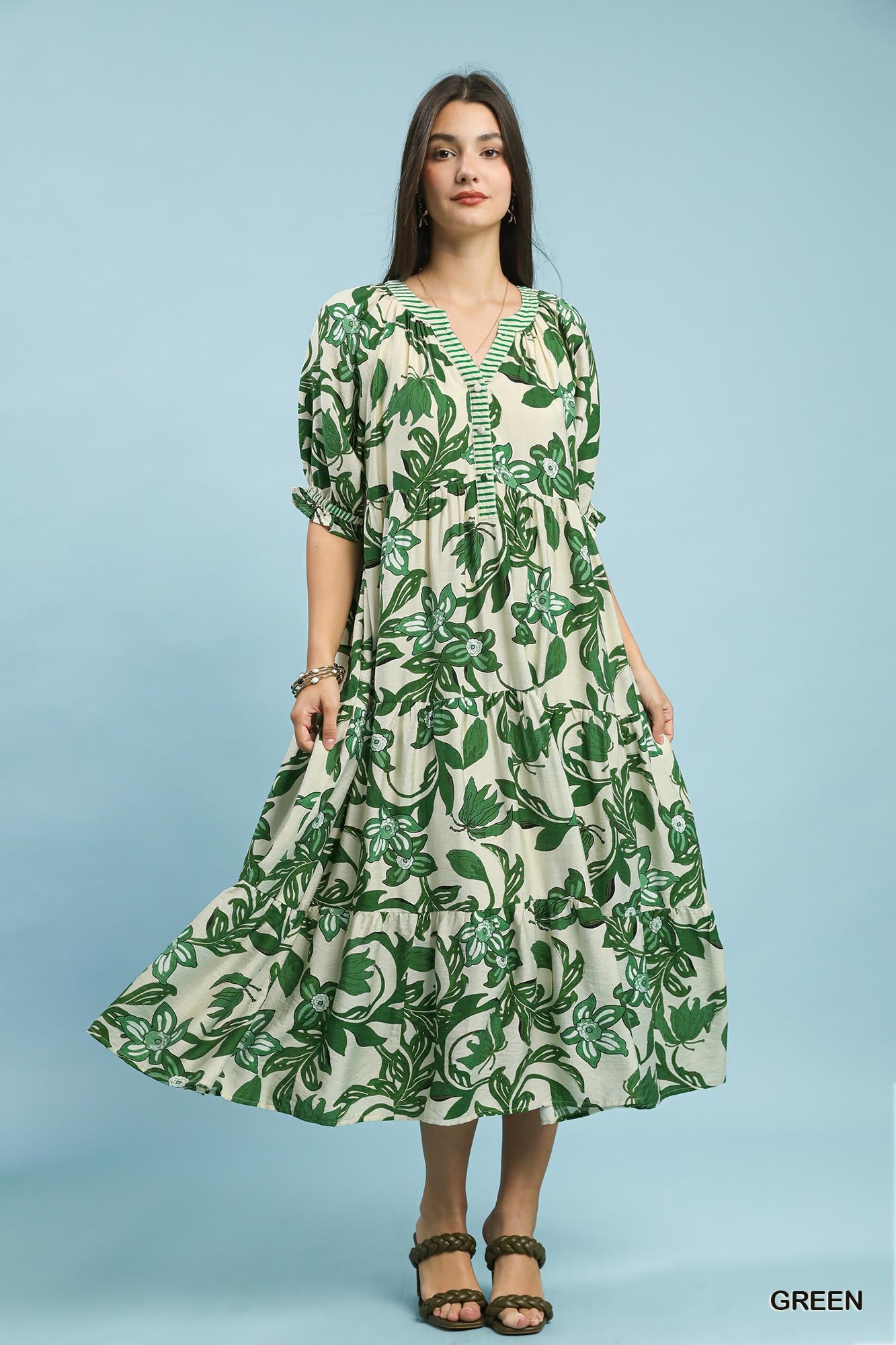 umgee dress Green Tropical Floral Tiered Midi Paedyn Black Boat Neck Core Colors:Admiral Blue Umgee brown ruffle trimmed reserveactive