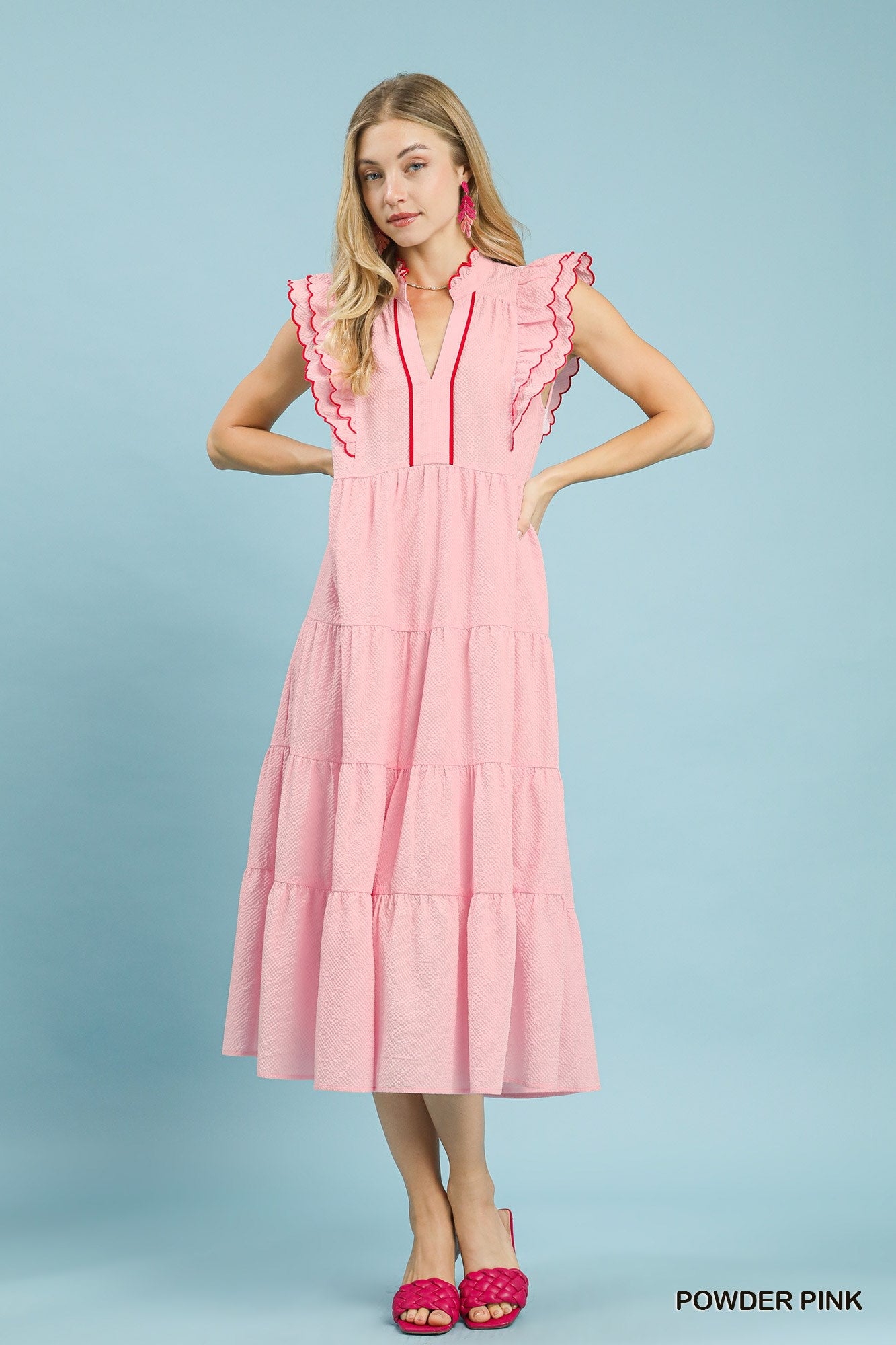 Umgee Seersucker Ruffle Sleeve Tiered Midi Dress POWDER PINK / M Umgee Seersucker Ruffle Sleeve Tiered Midi Dress POWDER PINK / M