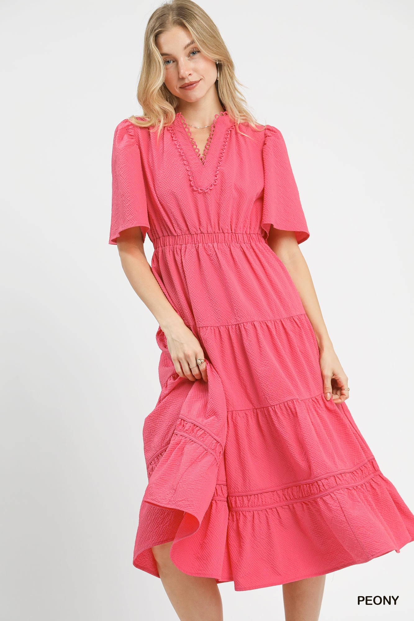 Umgee Textured Seersucker Tiered Midi Dress with Lace Trim Peony Pink - L Umgee Textured Seersucker Tiered Midi Dress with Lace Trim Peony Pink - L