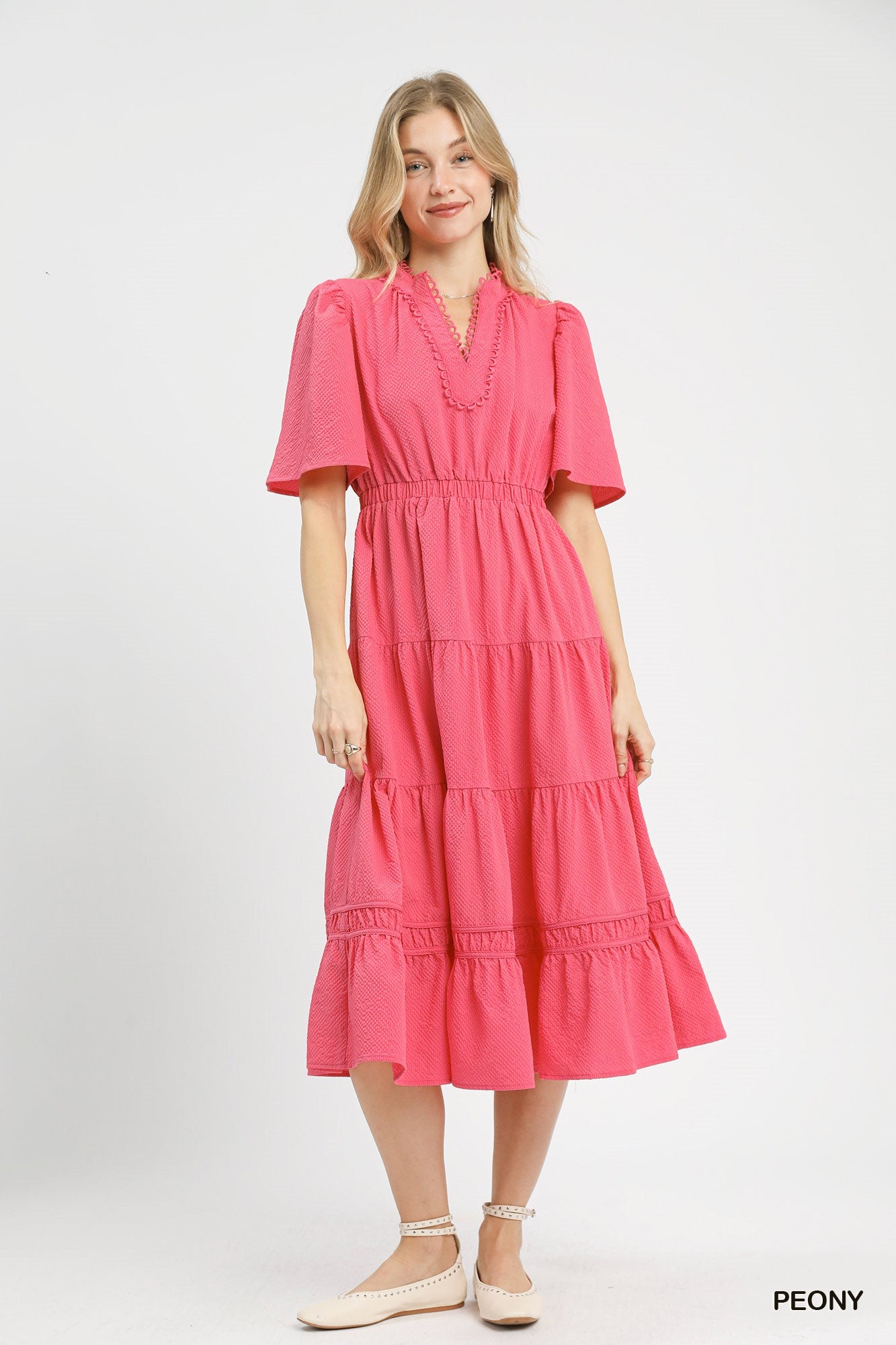 Umgee Textured Seersucker Tiered Midi Dress with Lace Trim – Peony Pink