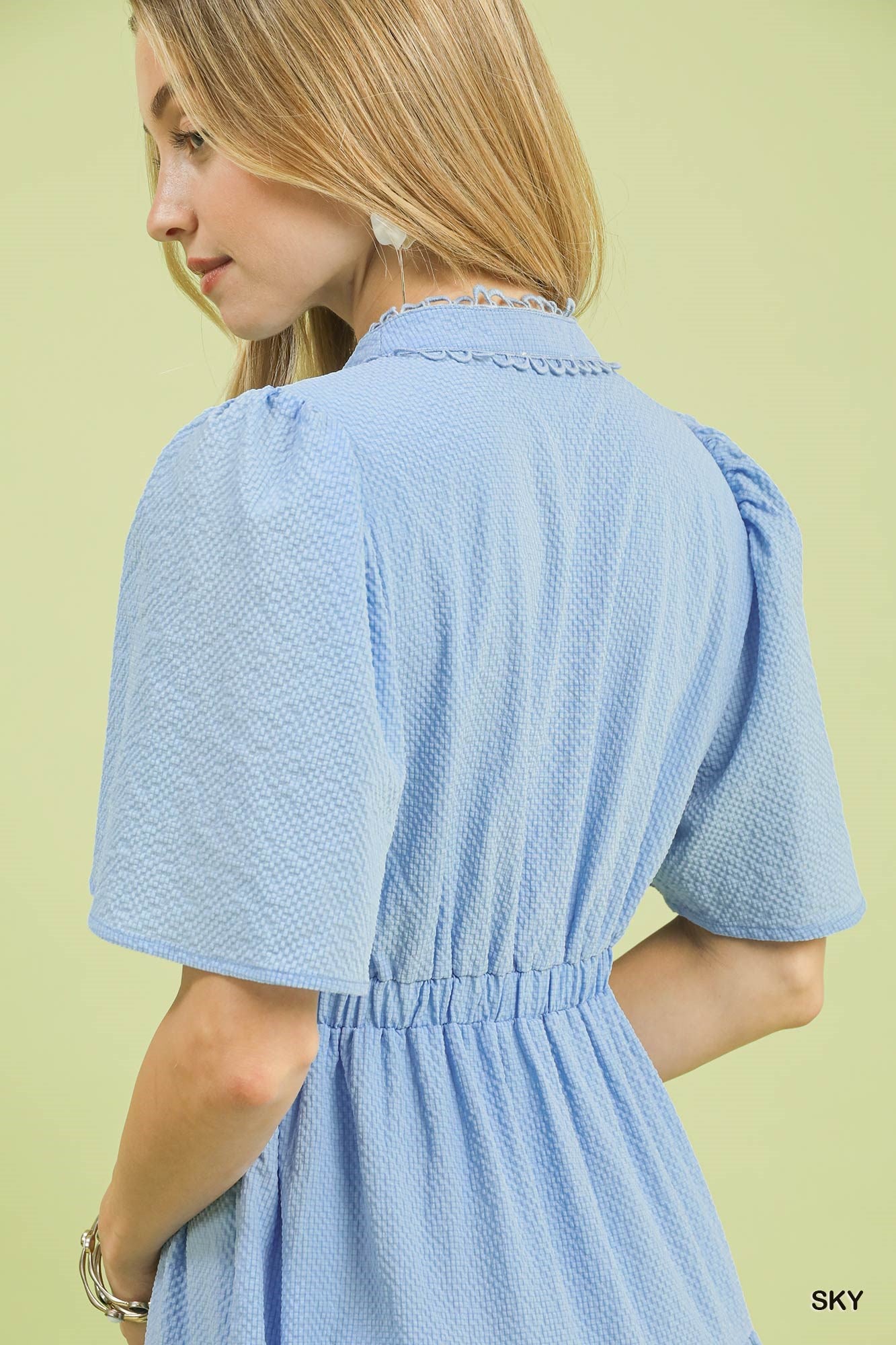 Umgee Textured Seersucker Tiered Midi Dress with Lace Trim – Sky Blue