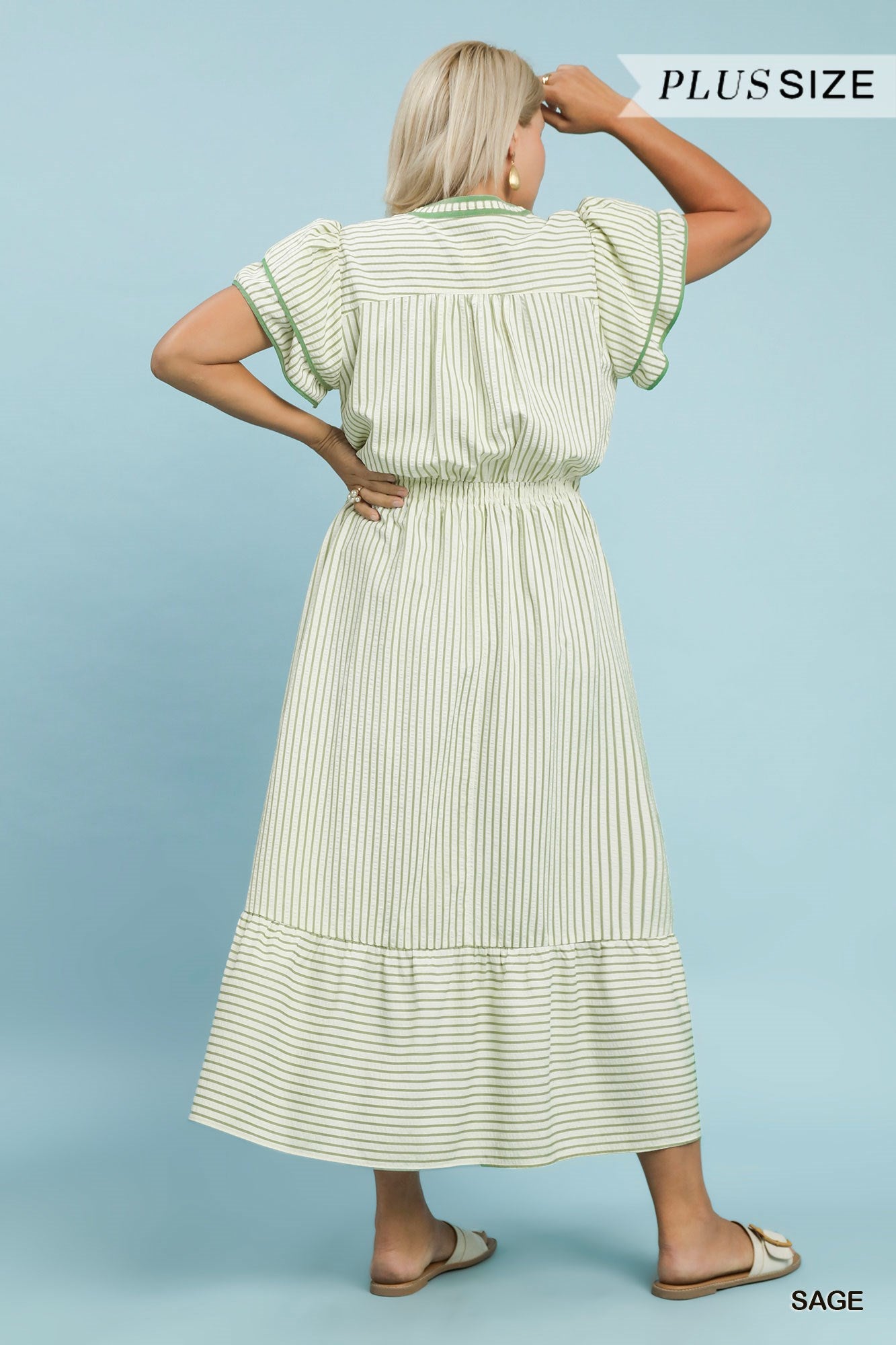 PLUS Umgee Sage Striped Flutter Sleeve Midi Dress