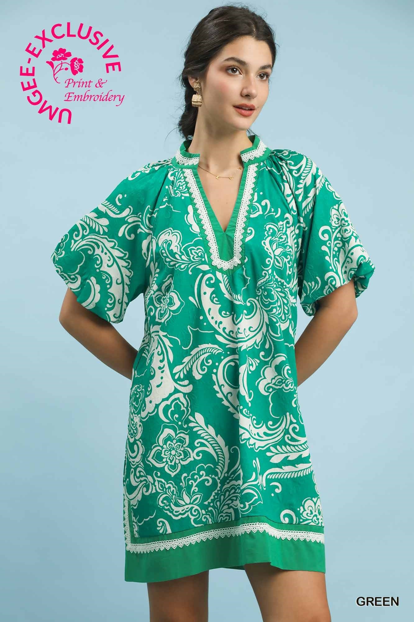 Umgee Green Jacquard Two Tone Mini Dress