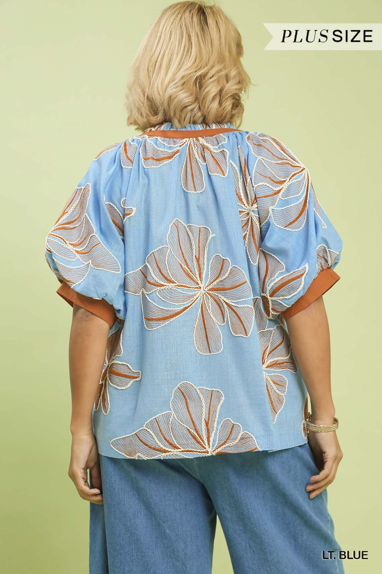 PLUS Umgee Blue & Brown Embroidered Linen V-Neck Top