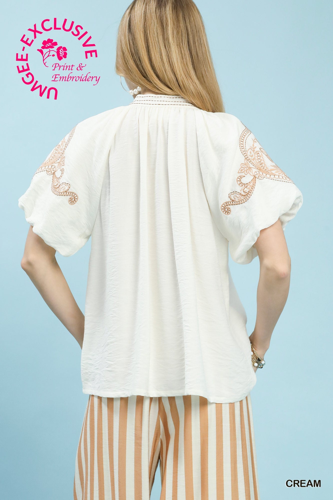 Umgee Cream Embroidered Puff Sleeve Top
