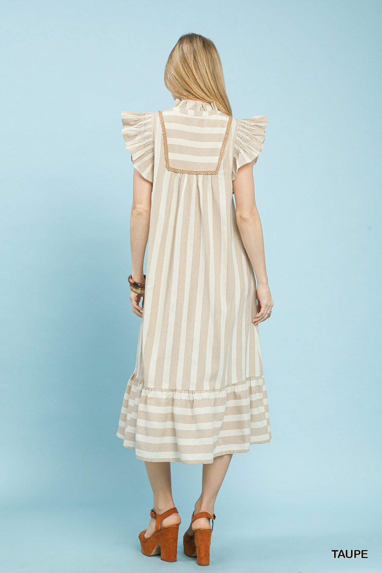 Umgee Taupe Stripe Ruffle Sleeve Tiered Midi Dress