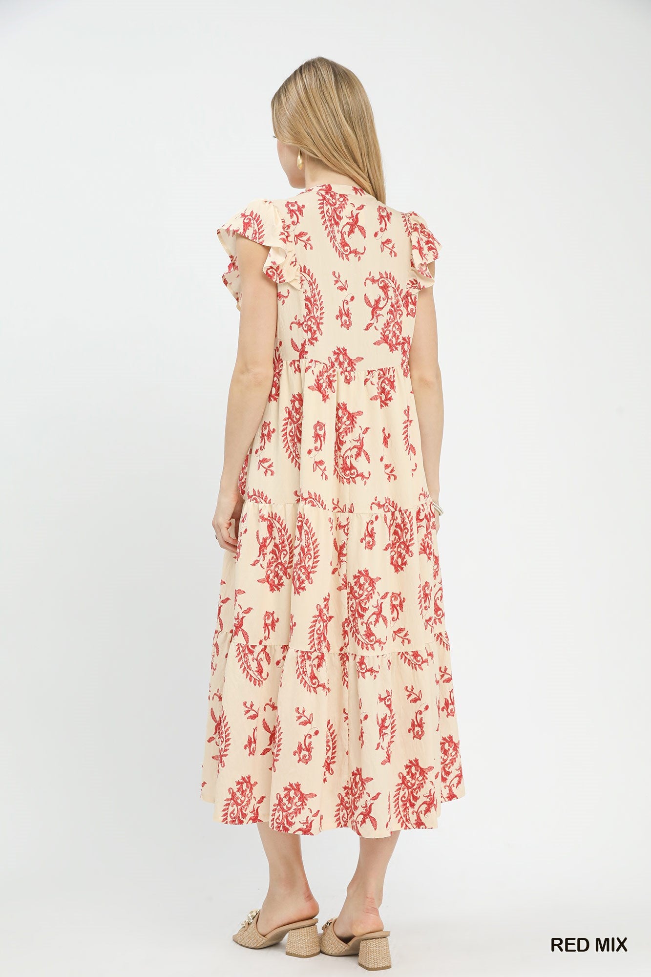 Umgee Red Mix Paisley Print Tiered Midi Dress
