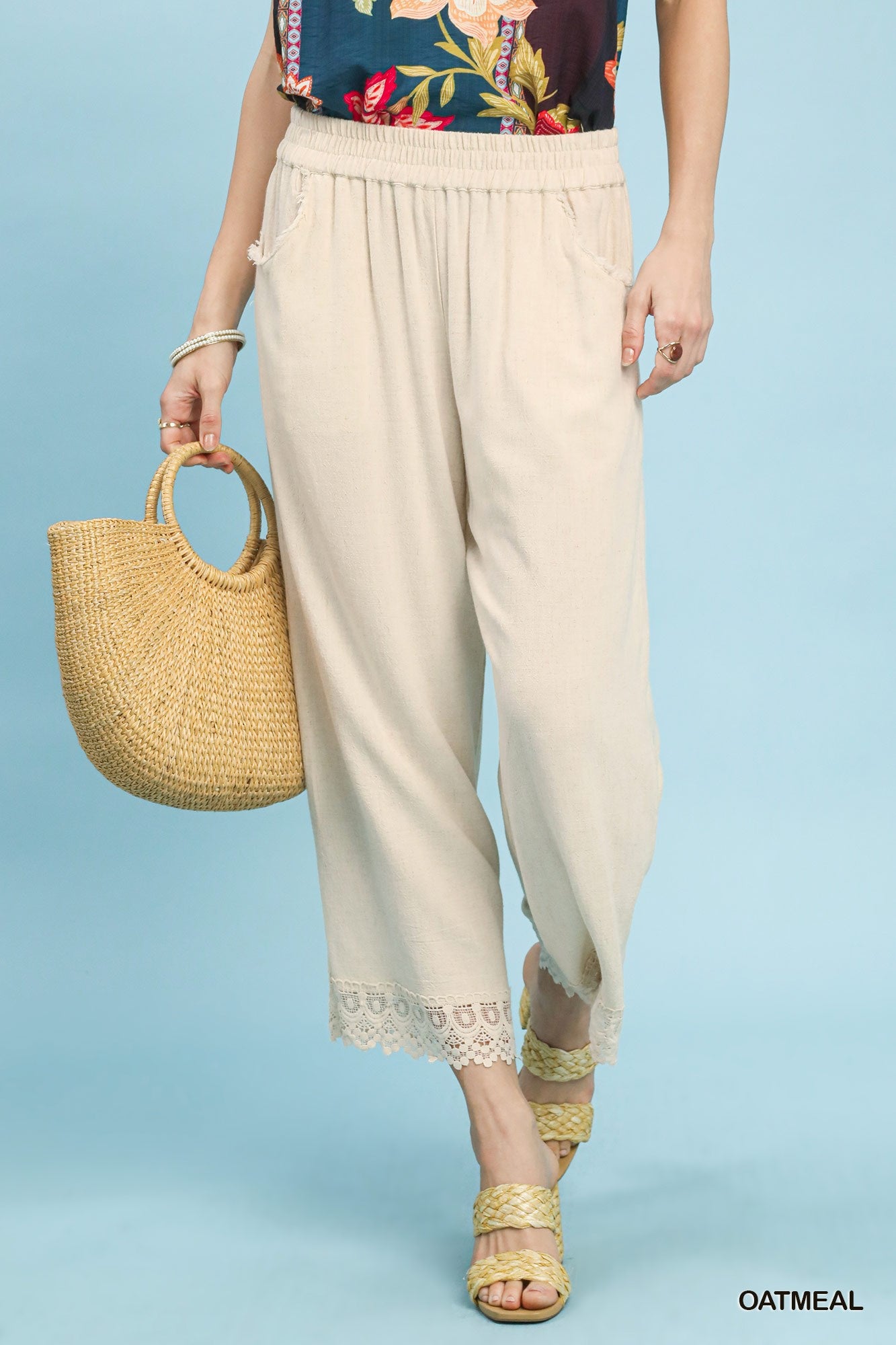 Umgee Oatmeal Linen Wide Leg Pants