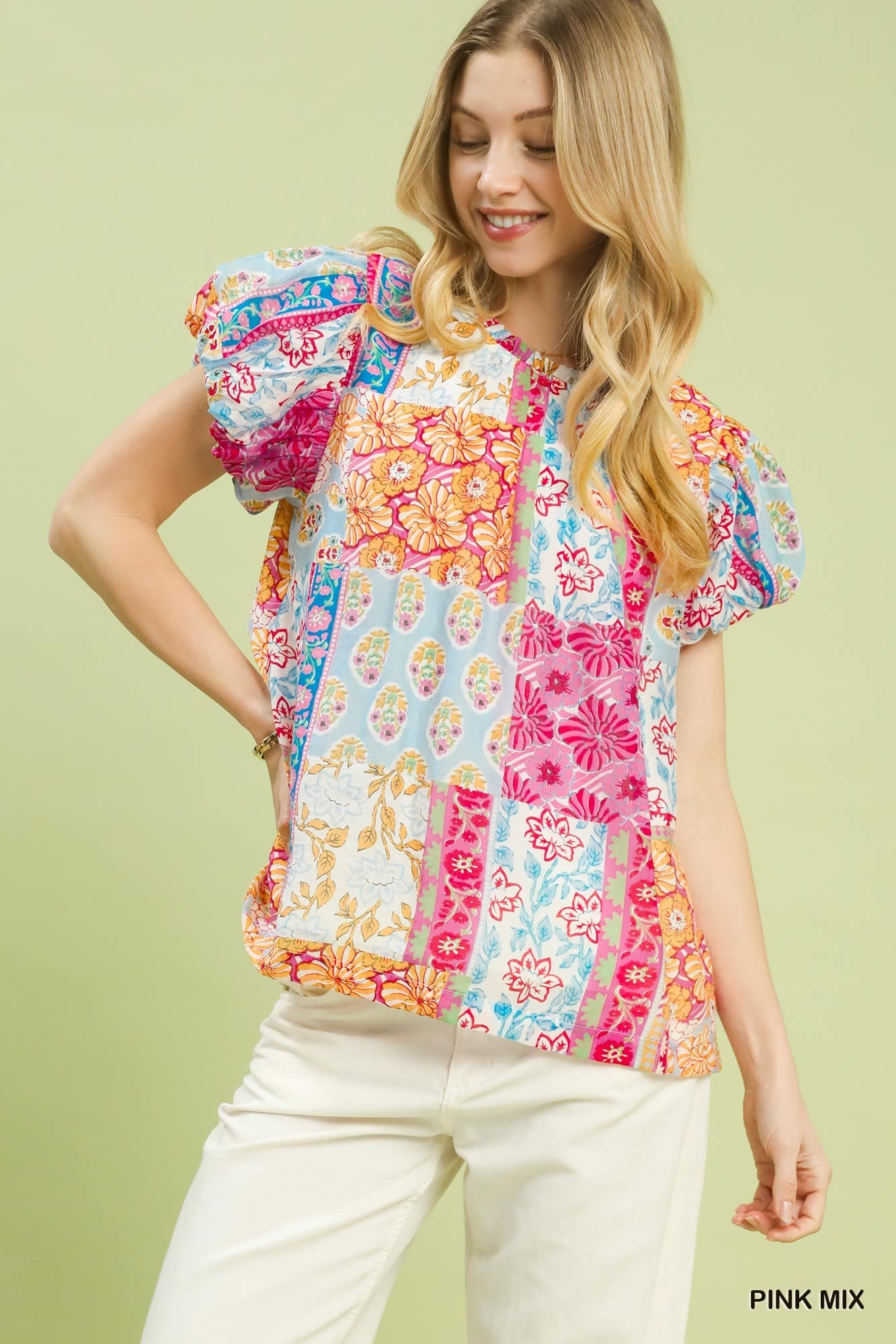 Umgee Pink Mix Patchwork Puff Sleeve Top – Pin-Tuck Lined Blouse