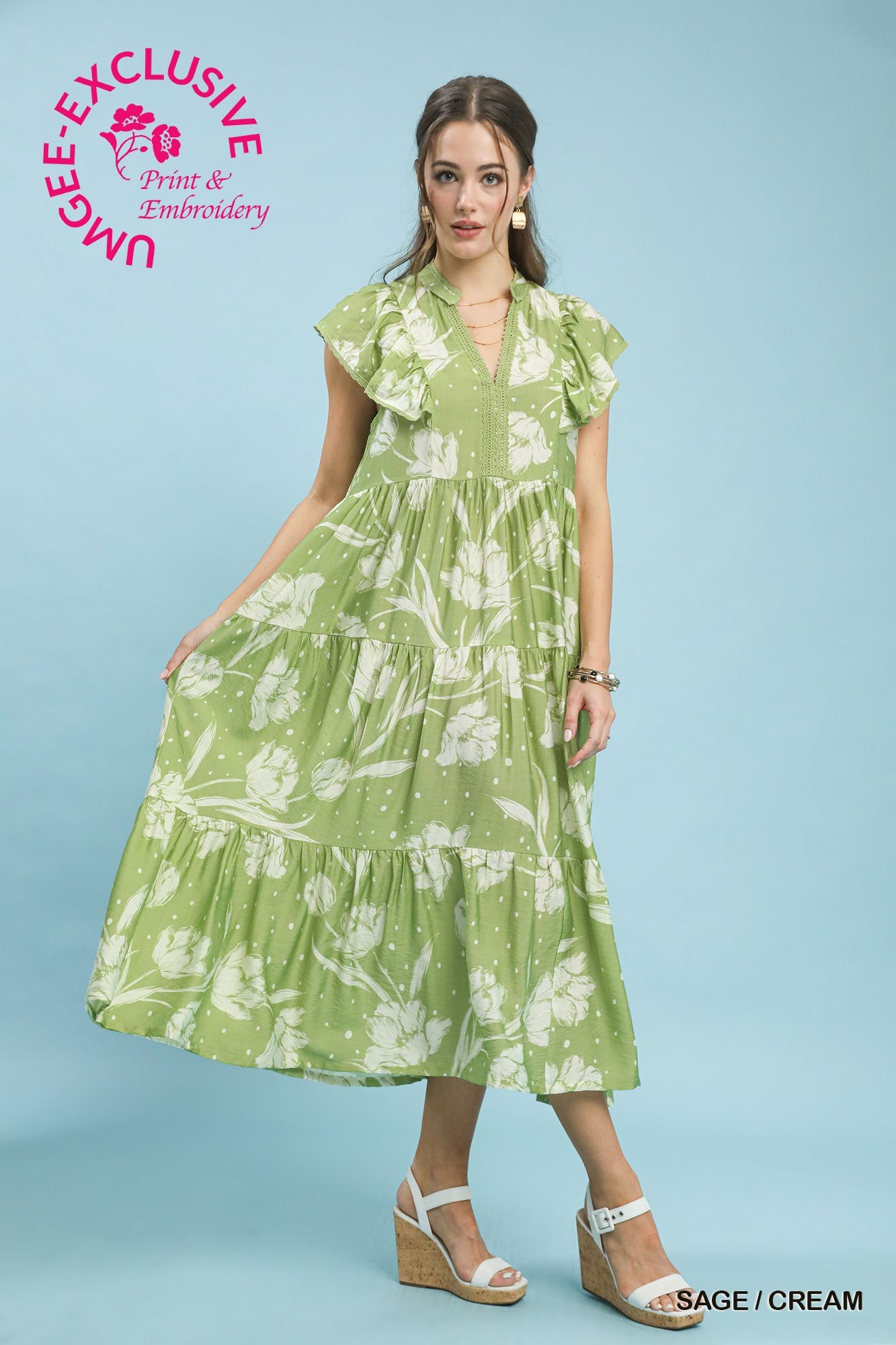 Umgee Sage/Cream Two Tone Floral Print Midi Dress