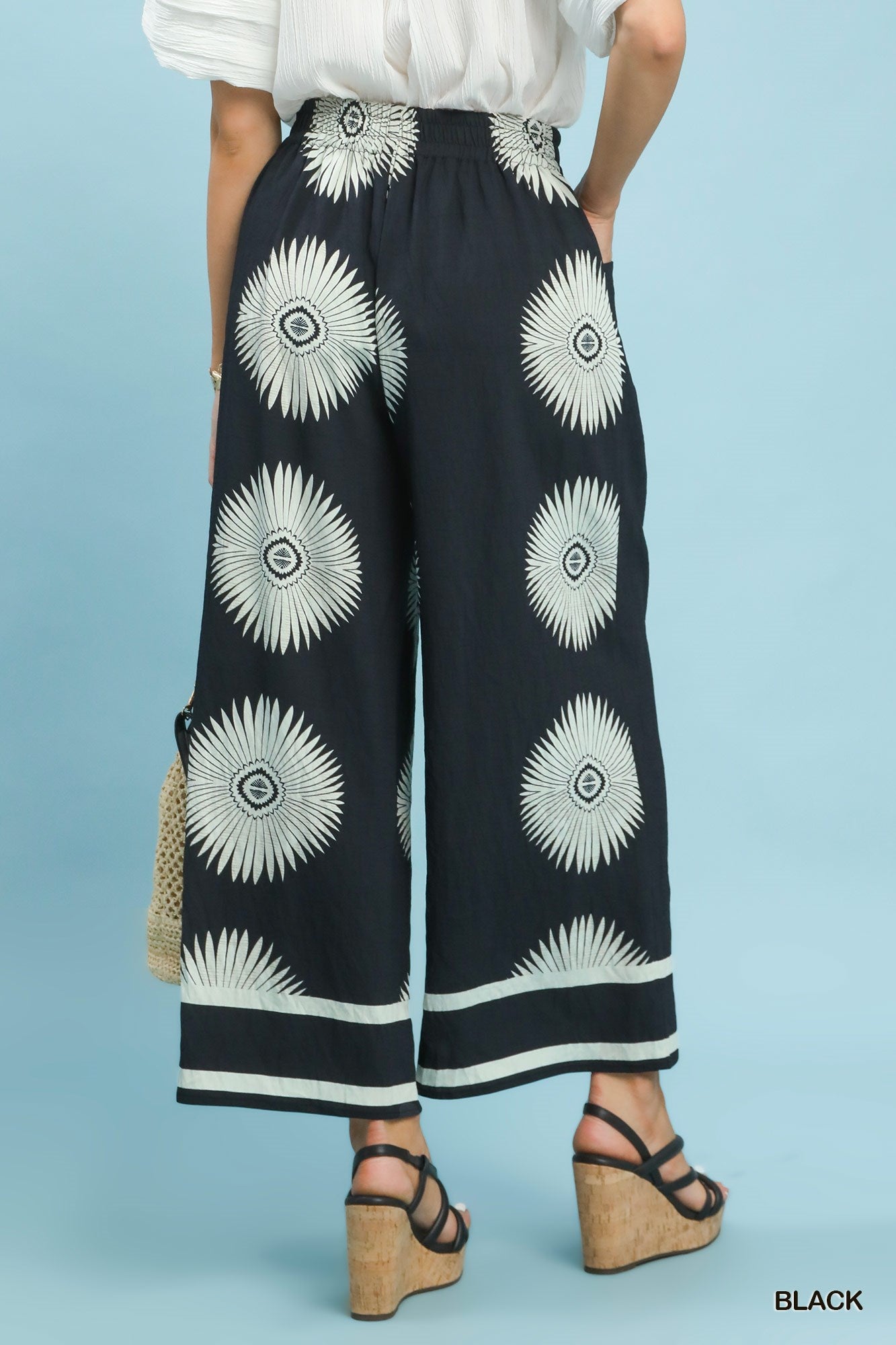 Umgee Black Ink Abstract Border Print Wide Leg Pants