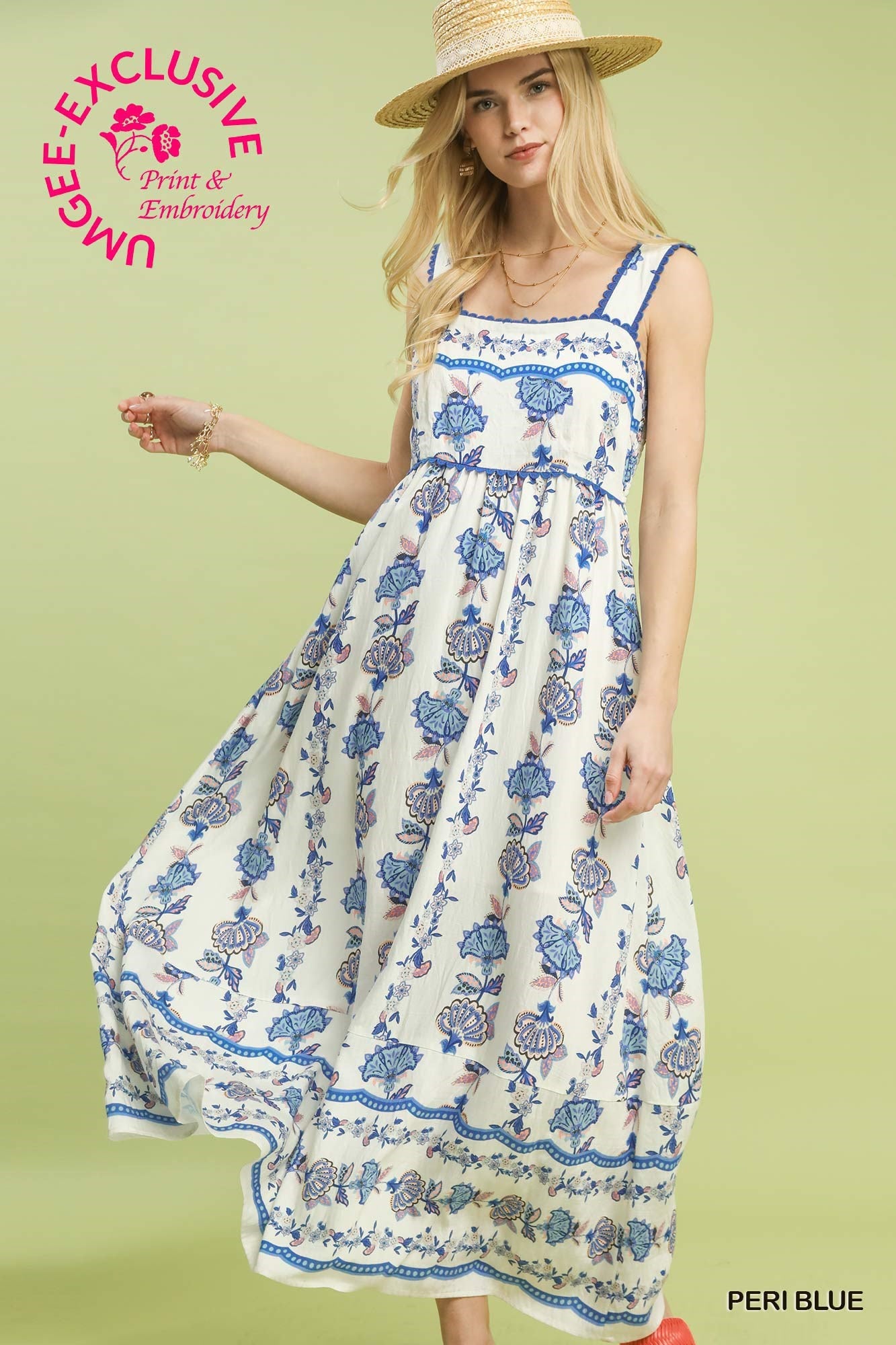 Umgee Peri Blue Floral Tiered Midi Dress with Scalloped Straps   www.shoppesonmainconover.com