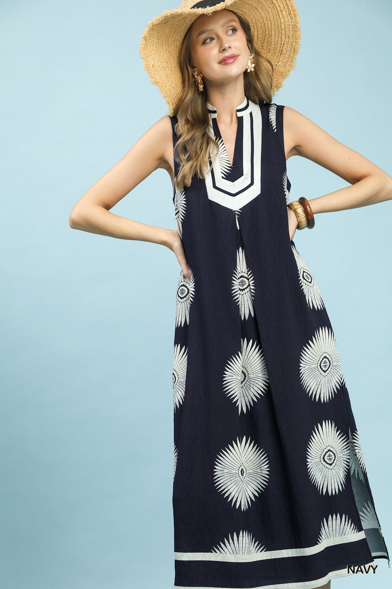 Umgee Navy Geometric Print Midi Dress – Sleeveless A-Line Dress with Pockets