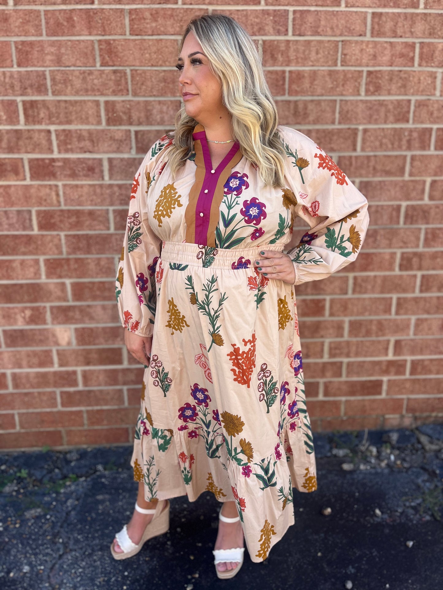 PLUS Umgee Mix Floral Midi Dress – Long Sleeve Smocked Waist Dress for Fall & Winter