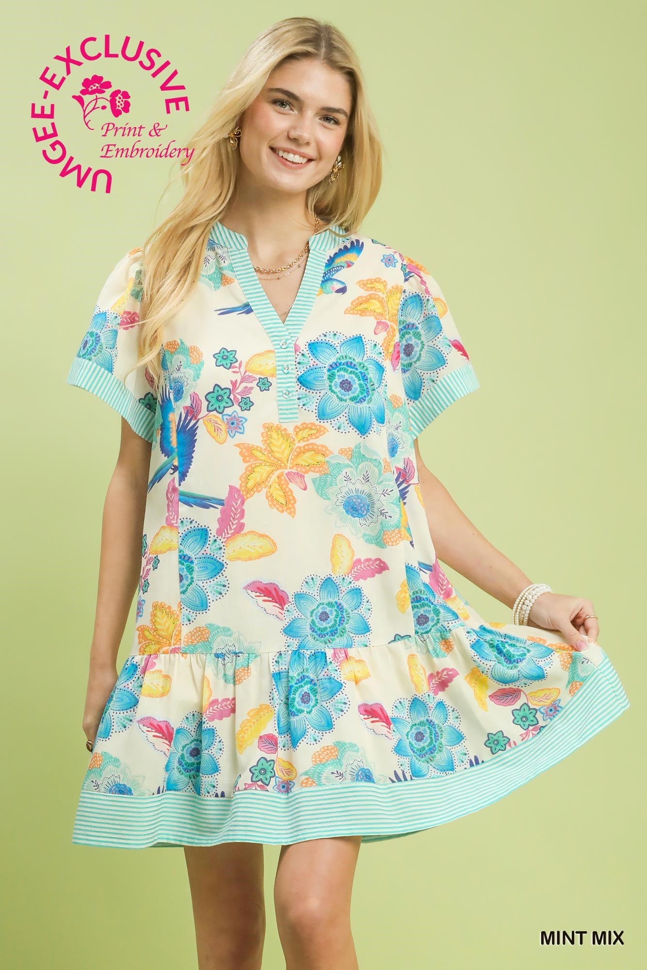 Umgee Tiered Mint Floral Print Popover Mini Dress