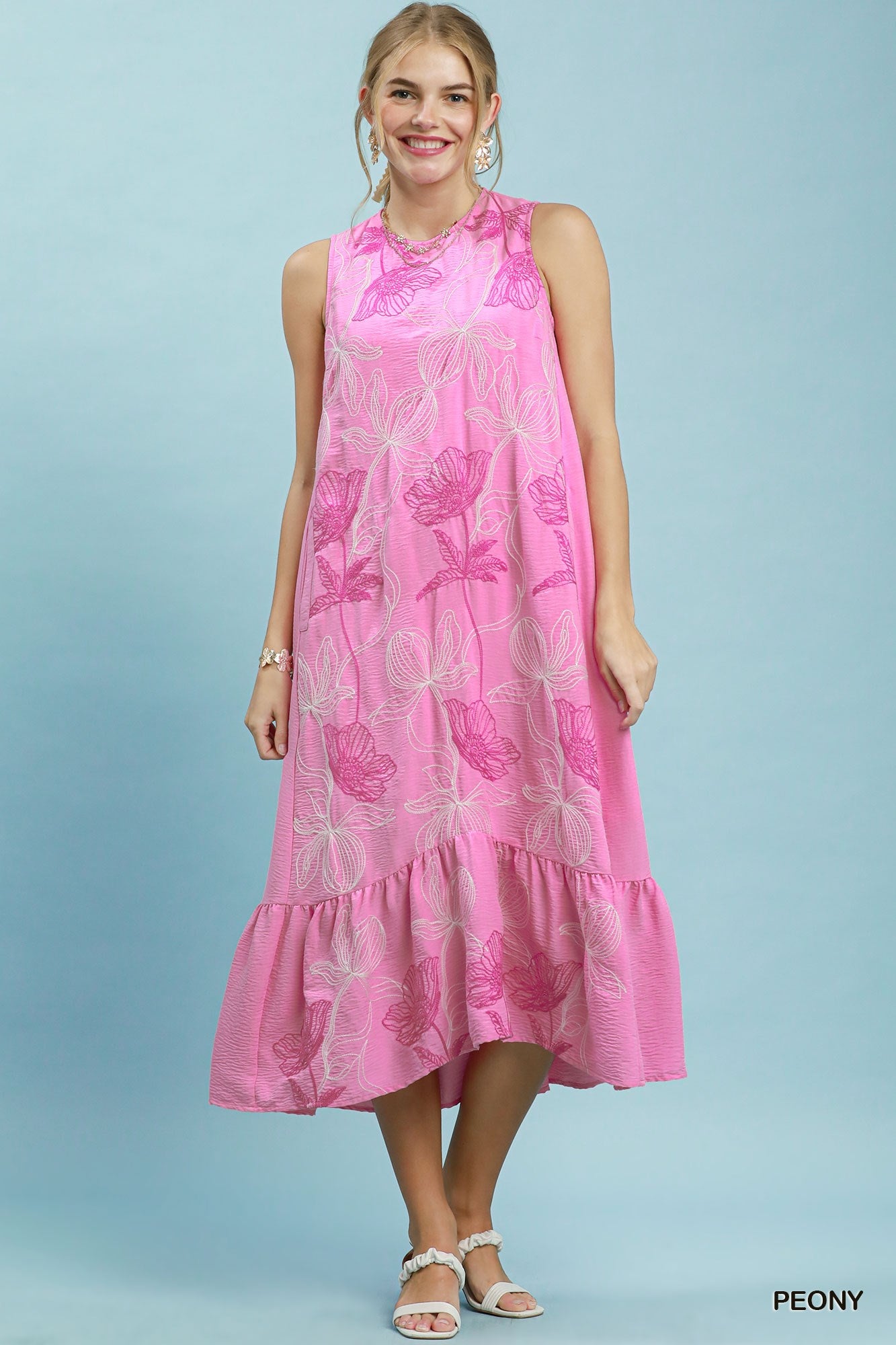 Umgee Peony Floral Print Sleeveless Ruffle Hem Midi Dress