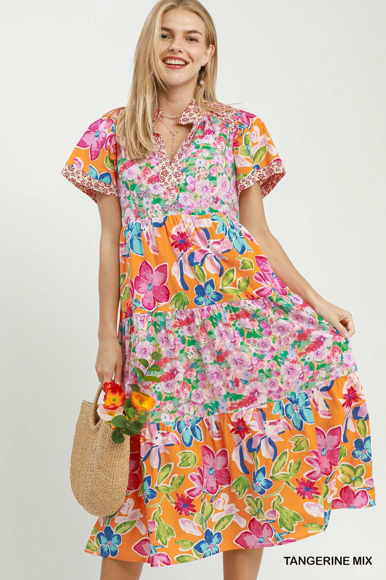 Umgee Mixed Floral Print Tiered Midi Dress – Tangerine Mix Cotton Dress with Pockets