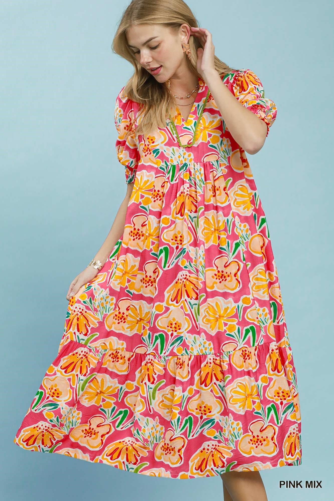 Umgee Floral Print Tiered Midi Dress – Pink & Orange Puff Sleeve Dress with Pockets