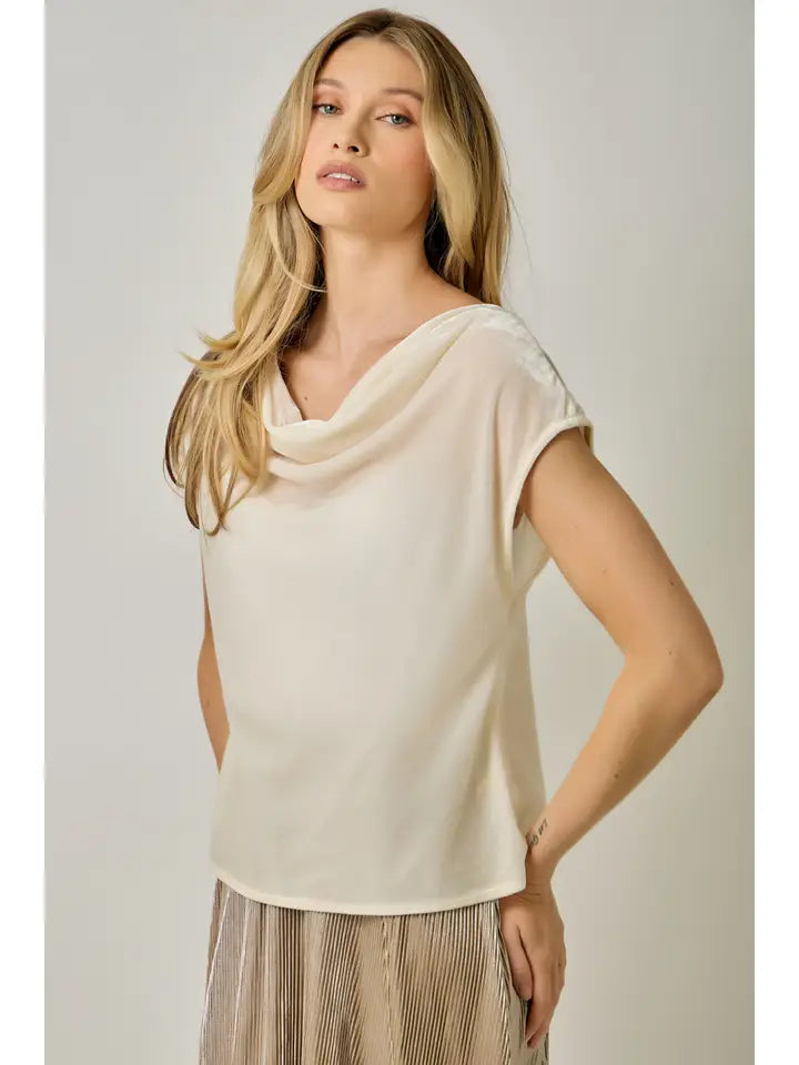 Mystree Velvet Cowl Neck Top - Pearl