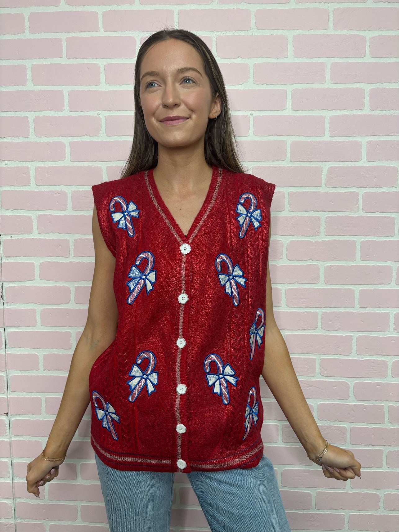 Red Shimmer Sweater Vest with Candy Cane Patches