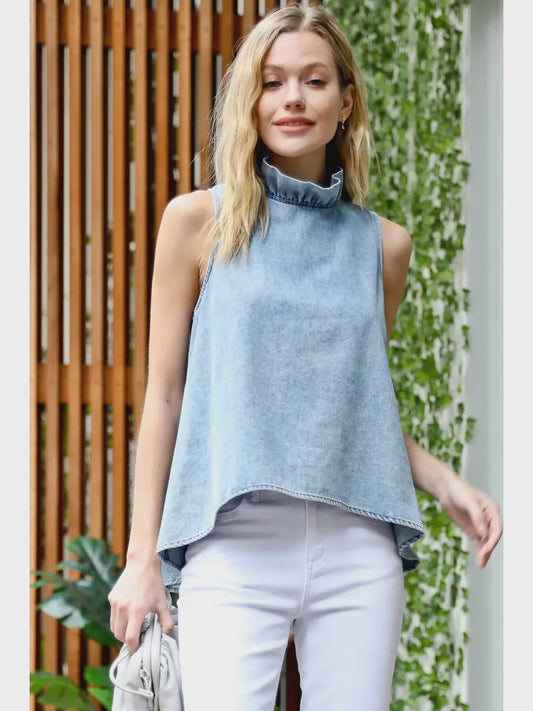 Blue Skies Ruffle Neck Washed Denim Sleeveless Top