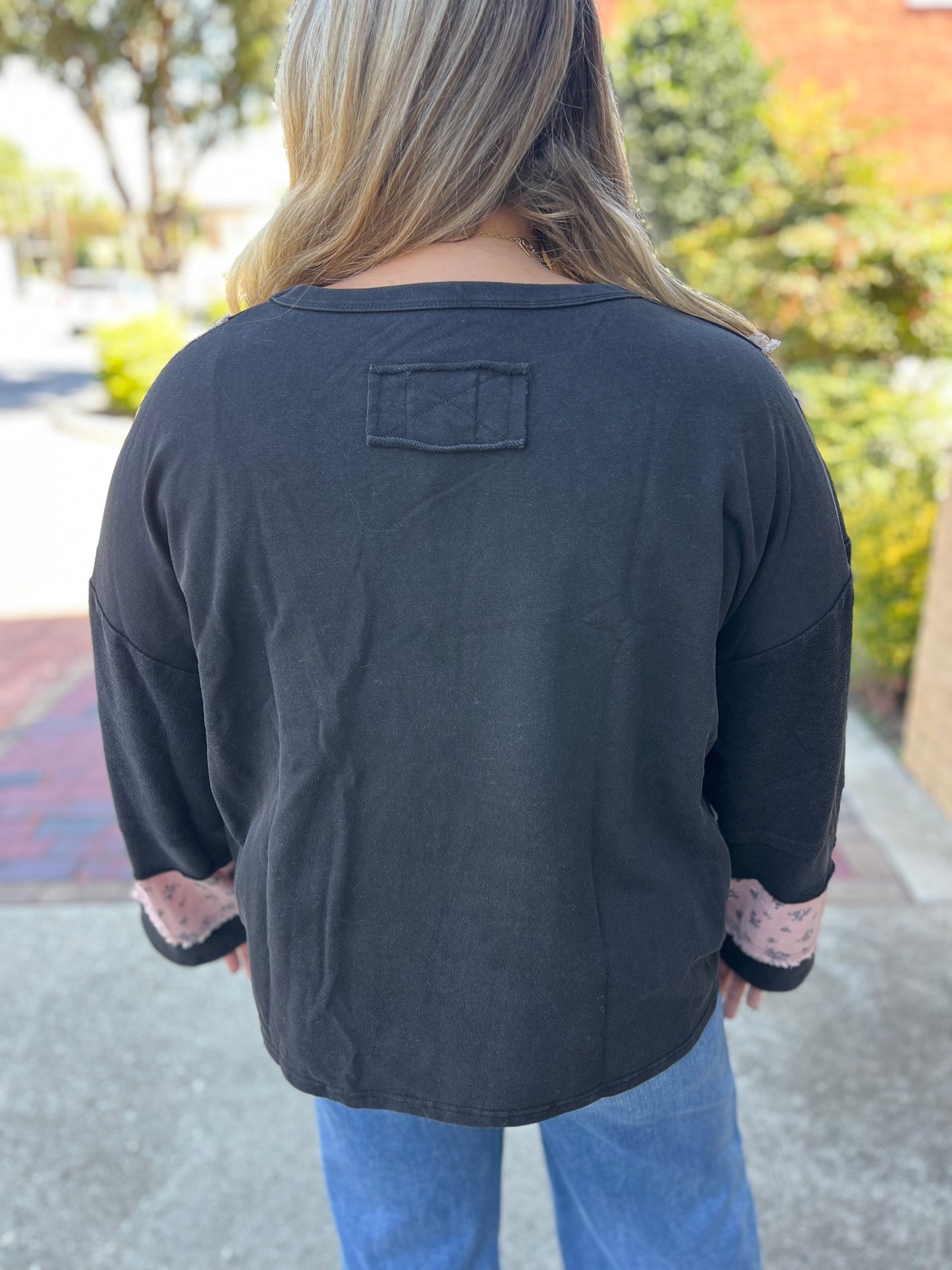 PLUS Umgee Ash French Terry Patchwork Sleeve Pullover – Relaxed Mineral Wash Sweatshirt