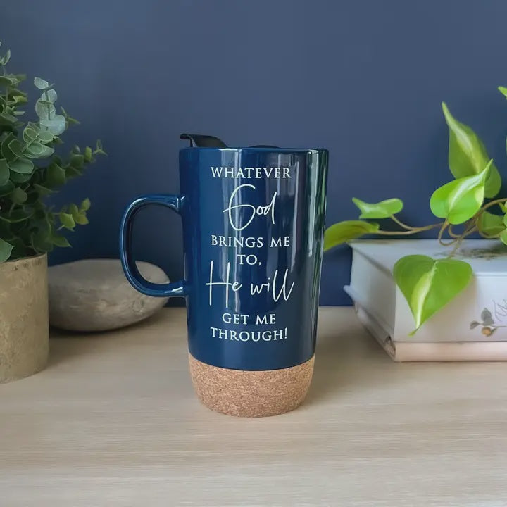 WHATEVER GOD BRINGS CORK BOTTM TRAVEL MUG