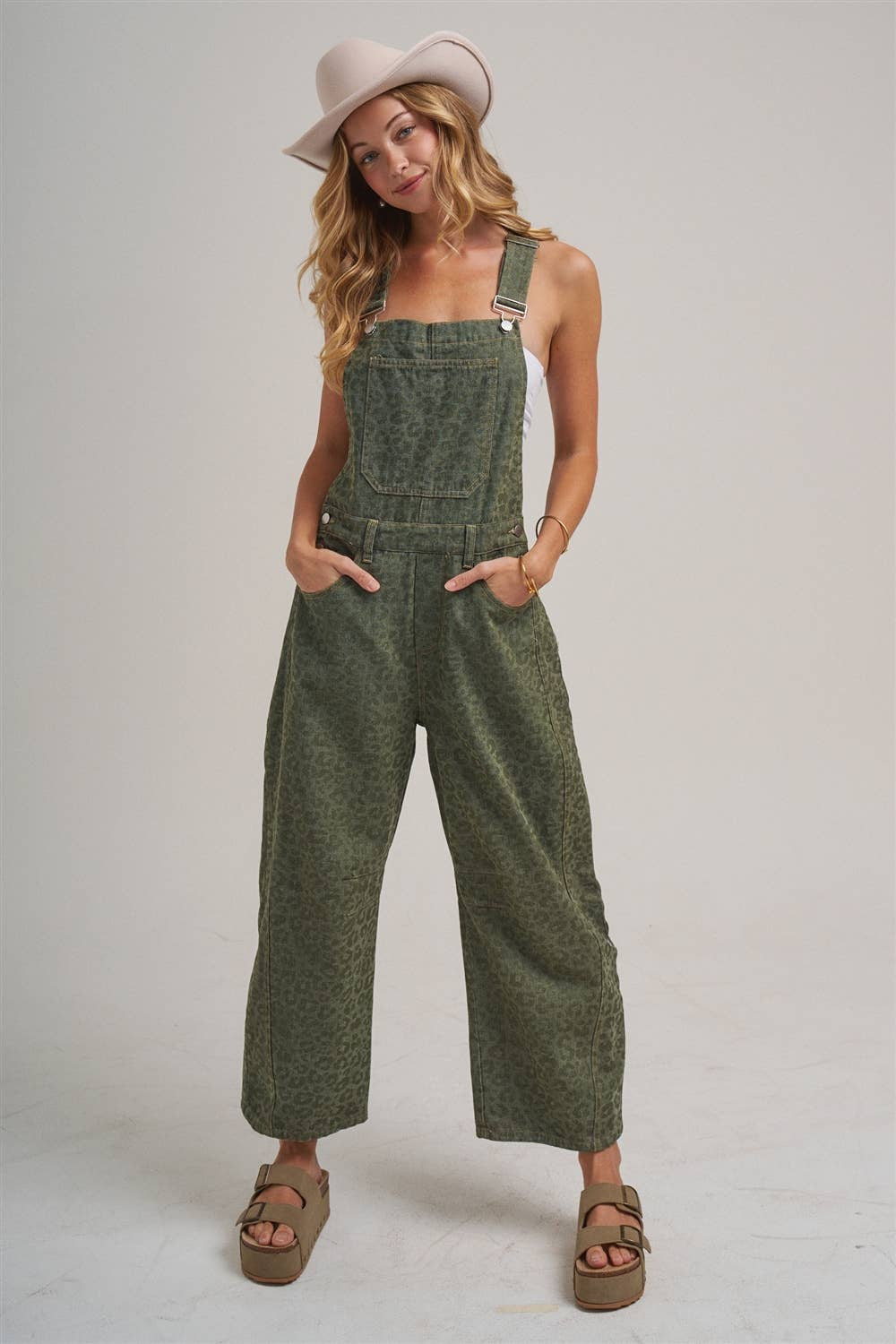 Vintage Olive Leopard Barrel Leg Denim Overalls