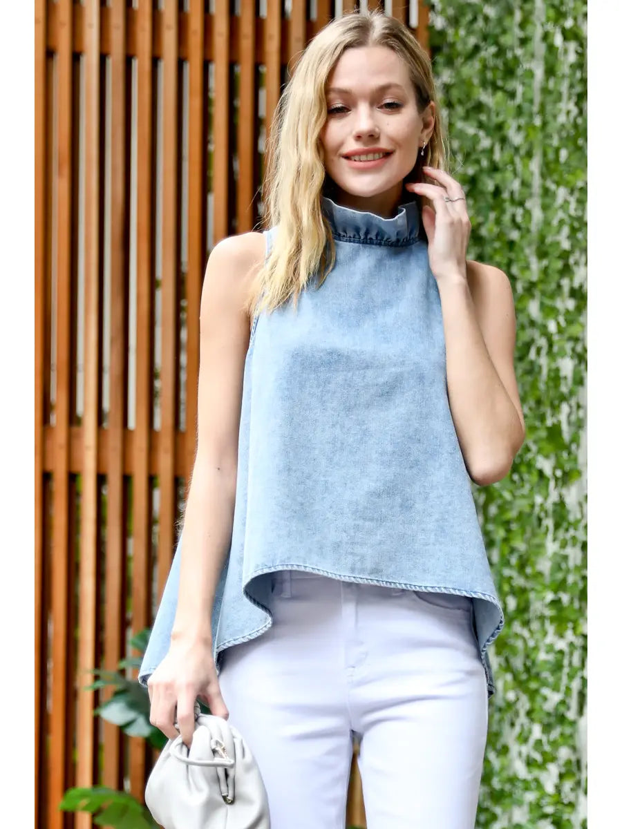 Blue Skies Ruffle Neck Washed Denim Sleeveless Top