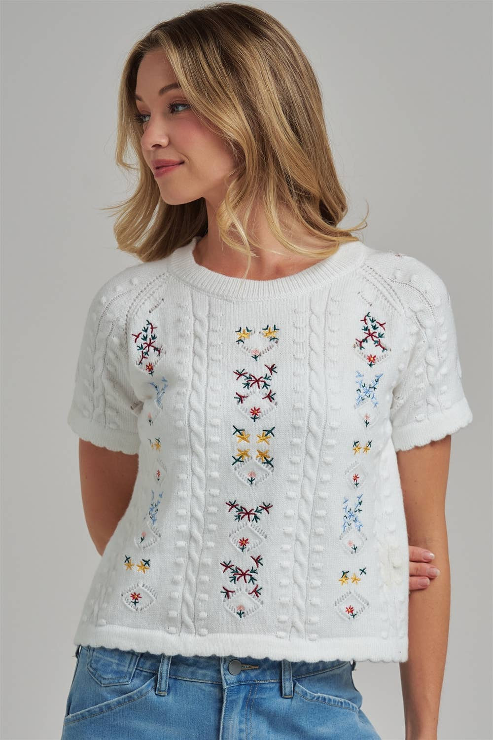 BON Ivory Embroidered Cable Knit Sweater