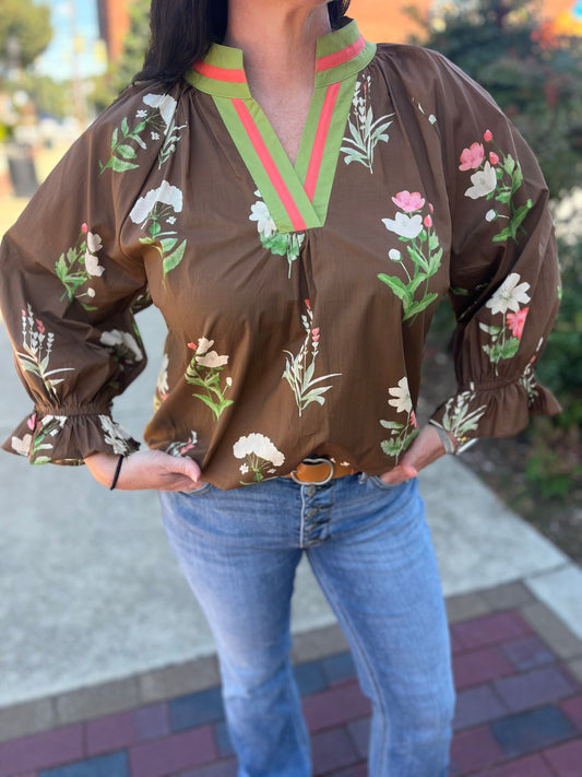 Umgee Floral Contrast Trim Blouse – Copyright Print