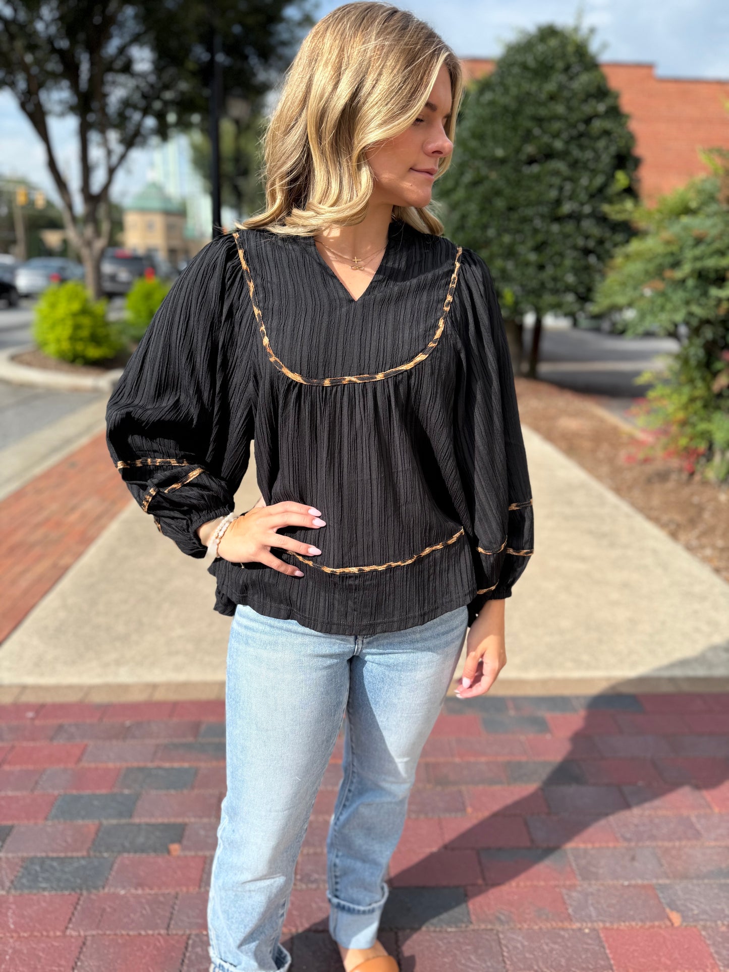 Umgee Animal Trim Textured Blouse