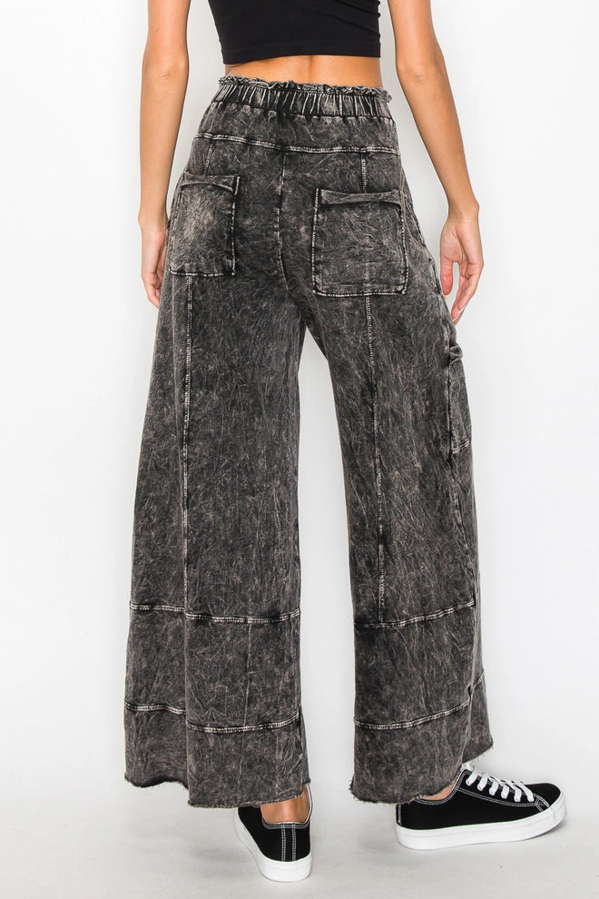 J.Her Ash Black Mineral Wash Wide Leg Pants with Raw Hem