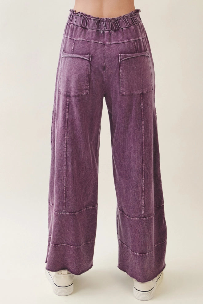 J.Her Eggplant Mineral Wash Wide Leg Pants with Raw Hem