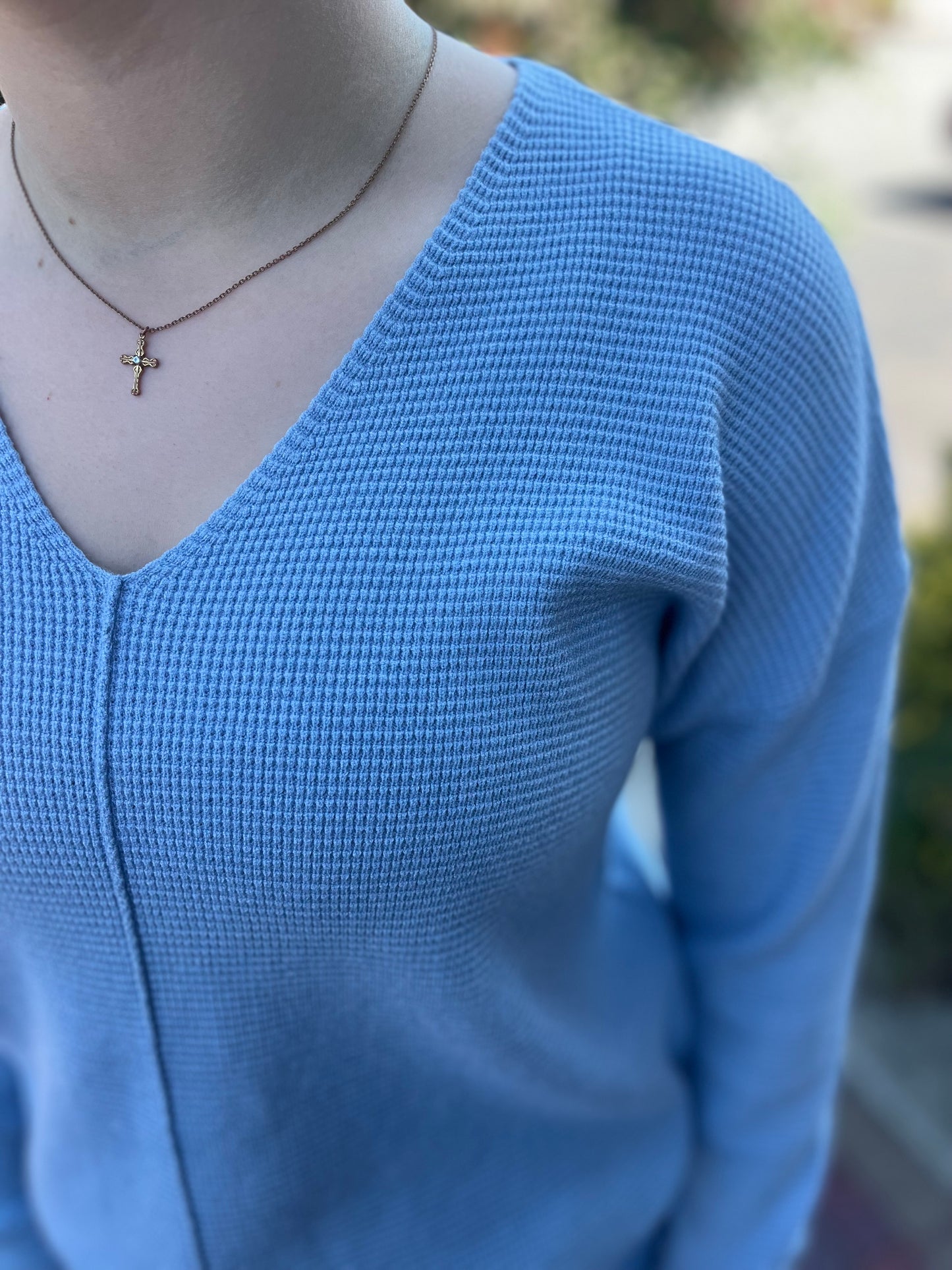 Staccato Light Blue Mini Waffle V-Neck Pullover Sweater