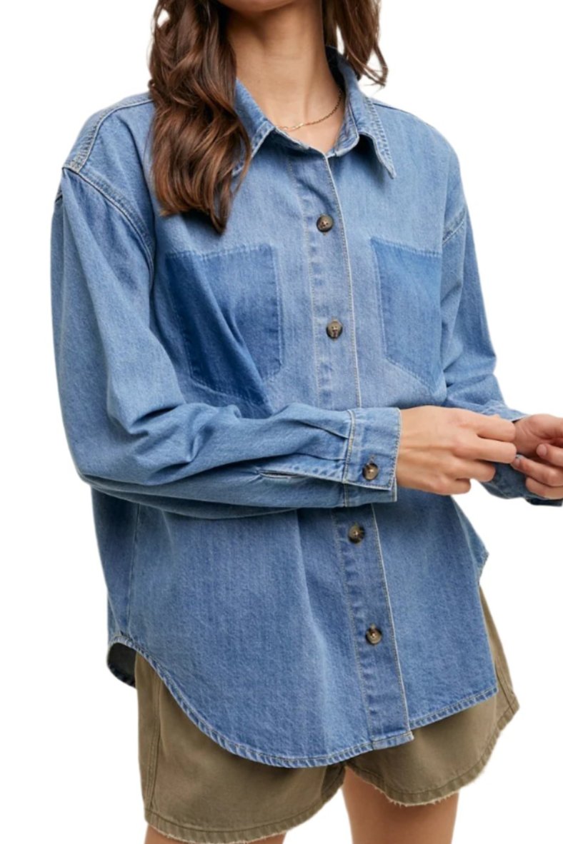 Cotton Denim Shirt with Burnout Pocket