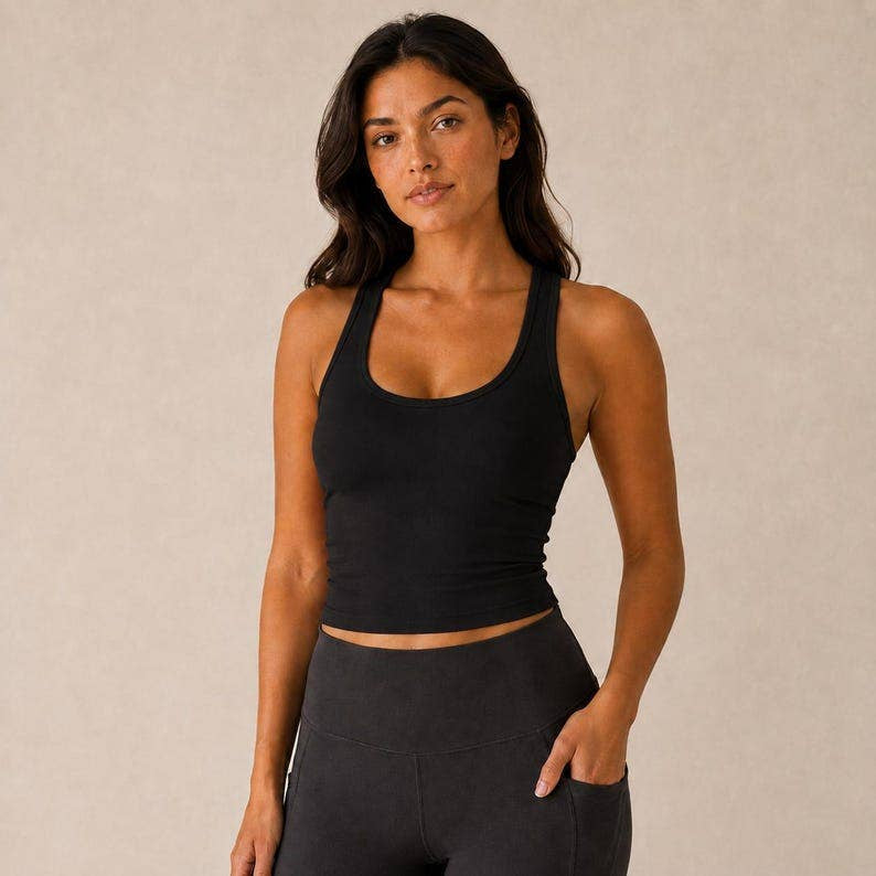Black Fitted Cotton Spandex Crop Racerback Tank Top