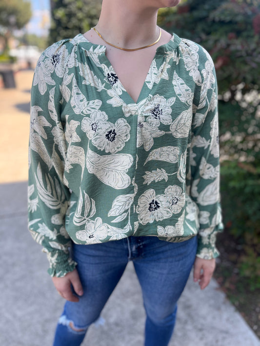 Sage Smocked Sleeve Floral Print Blouse – Staccato
