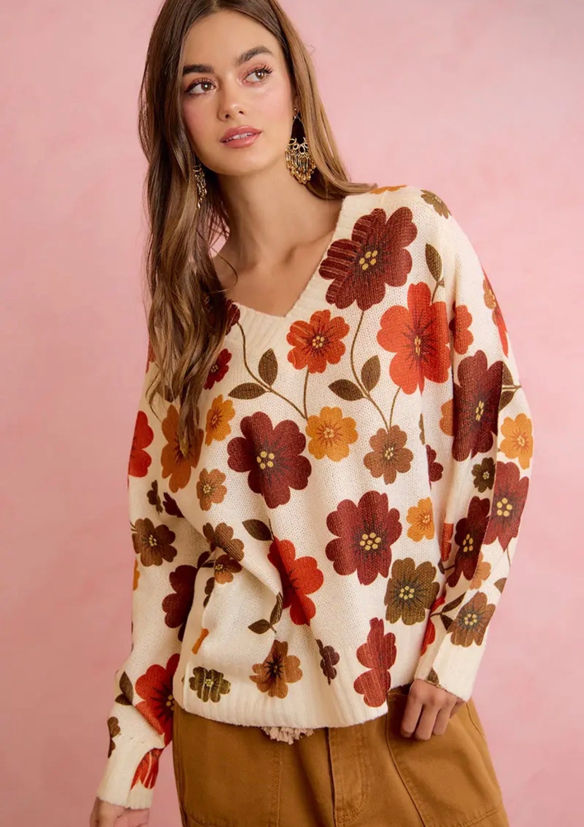 Retro Floral Printed V Neck Relaxed Fit Knit Sweater - Brown Mix