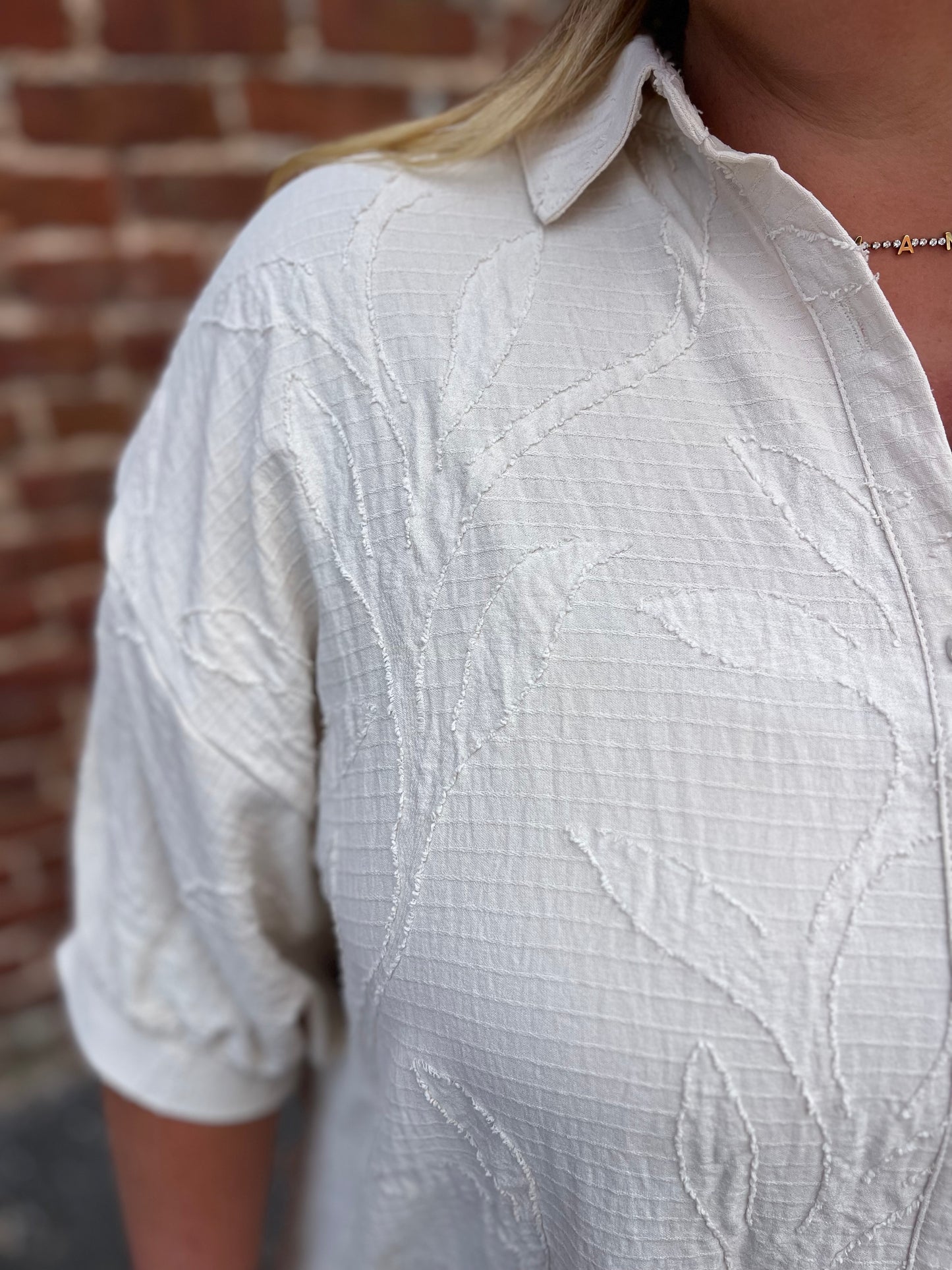 PLUS Umgee Jacquard Textured Leaf Button-Down Blouse