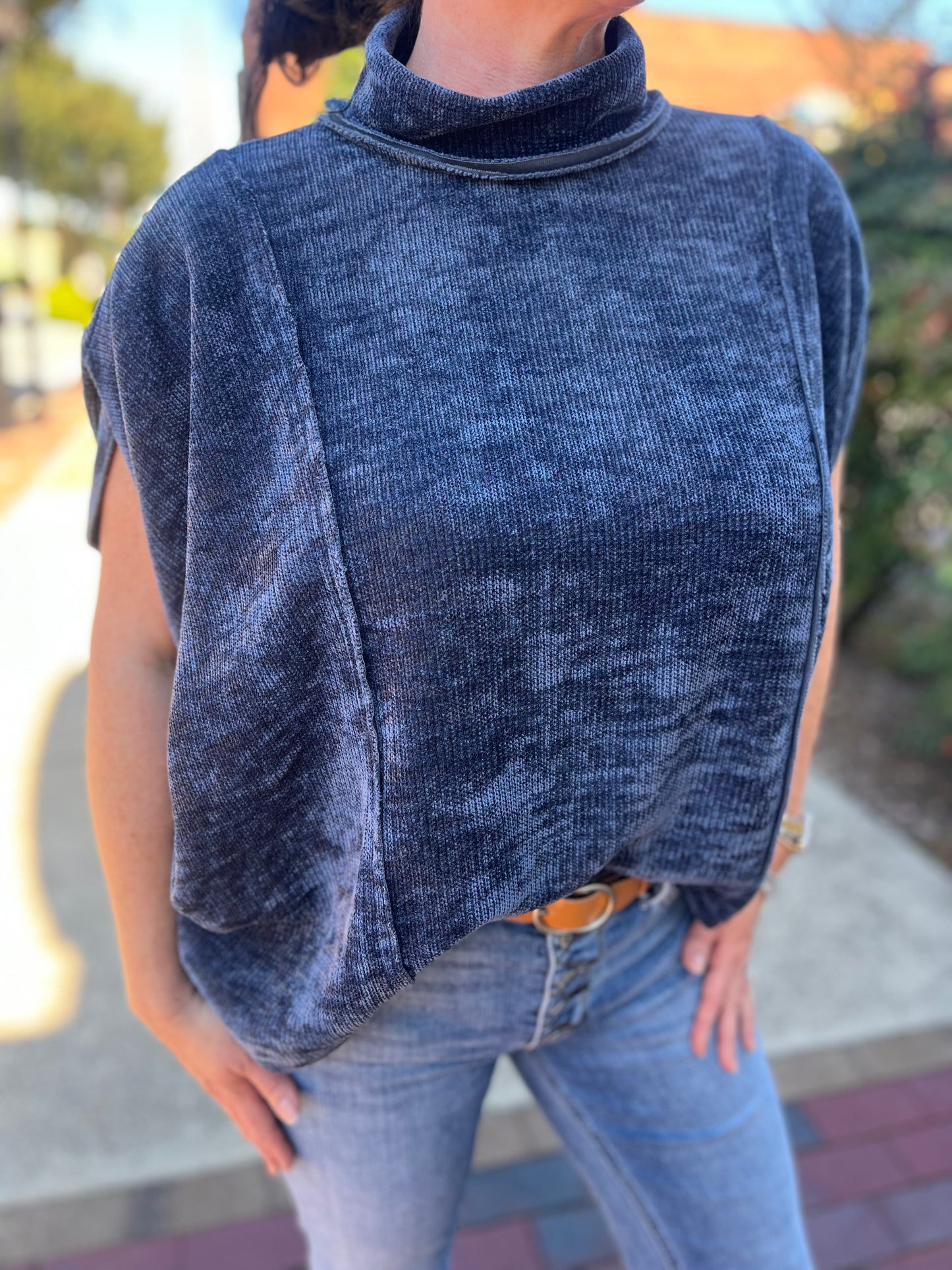 Umgee Soft Knit Mock Neck Pullover Poncho Top