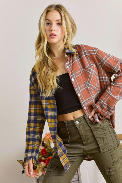 Rust/Mustard Button Down Plaid Shirt Adora LA