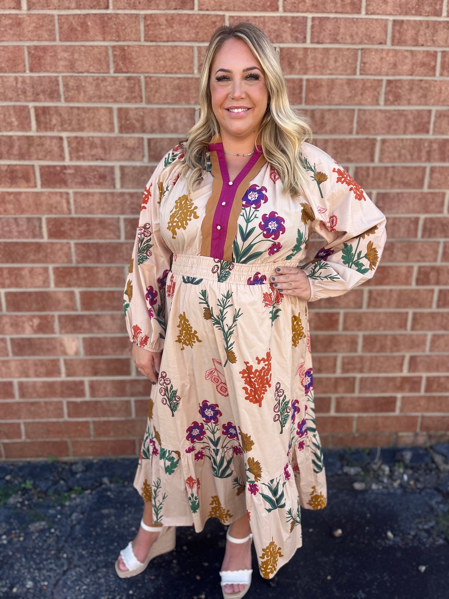 PLUS Umgee Mix Floral Midi Dress – Long Sleeve Smocked Waist Dress for Fall & Winter